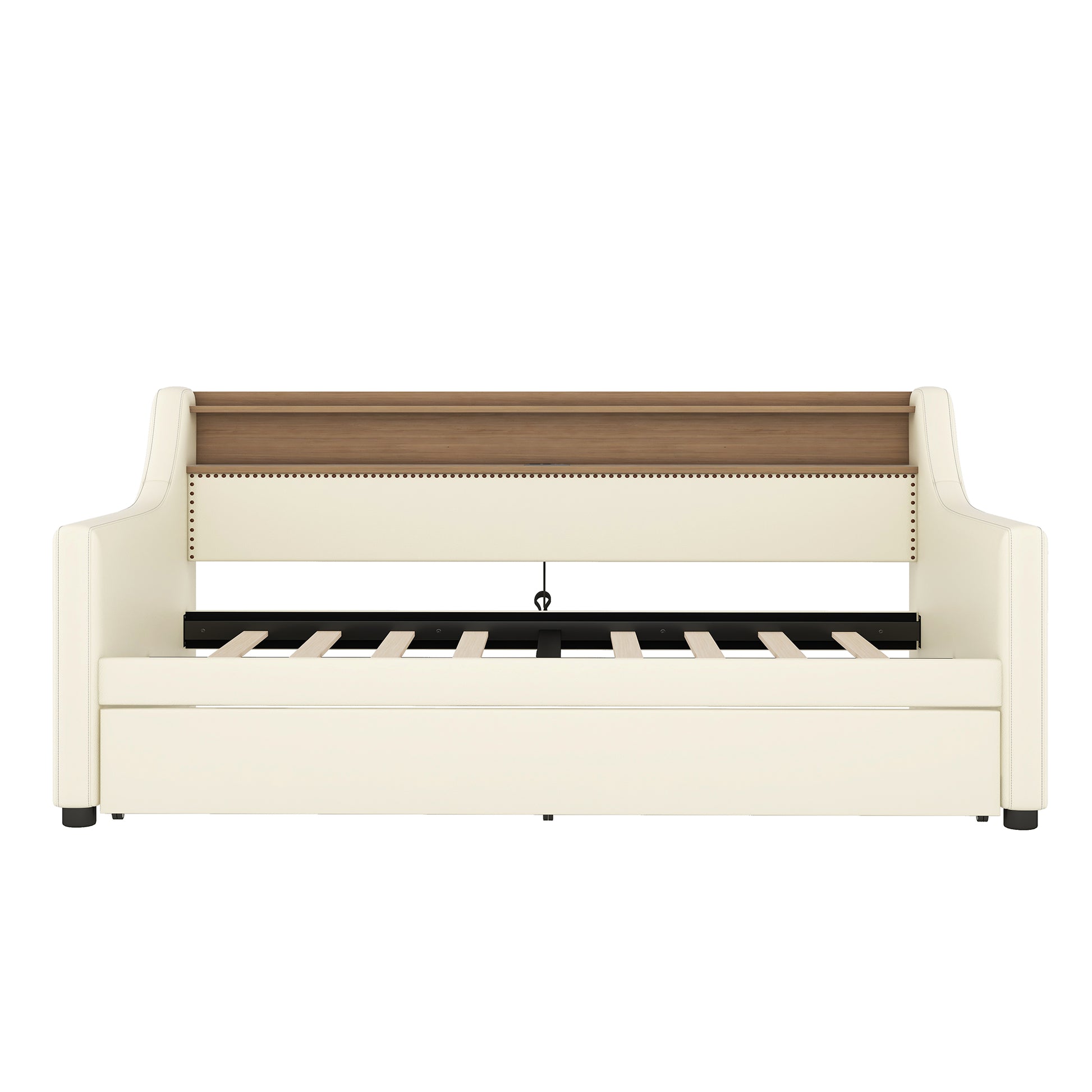 Twin Size Daybed With Trundle, Upholstered Daybed With Charging Station And Led Lights, White Twin White Pu Leather