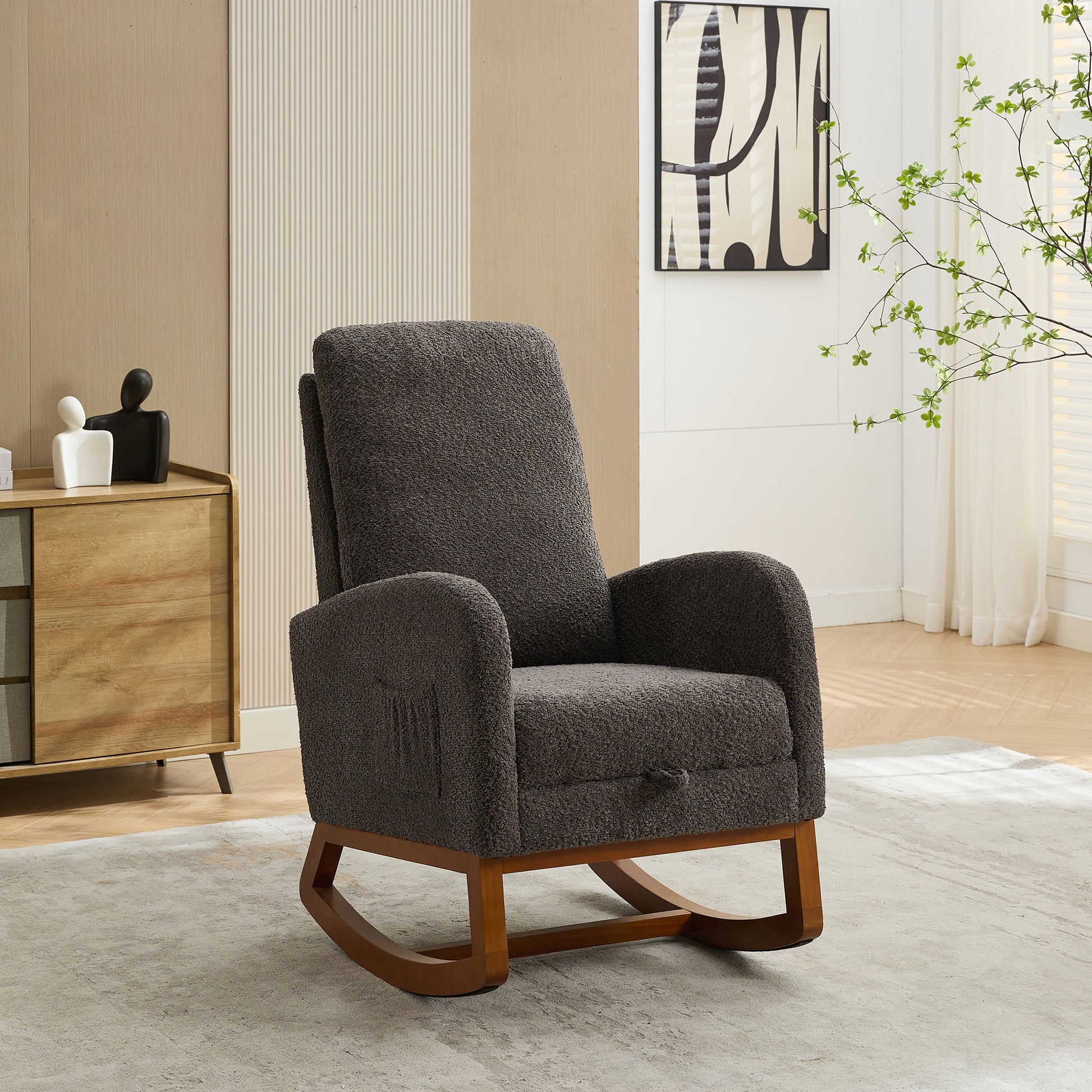 25.4"W Rocking Chair For Nursery, High Back Glider Chair With Retractable Footrest, Side Pocket, Rocking Accent Armchair With Rubber Wood Legs For Living Room Bedroom.Charcoal Charcoal Boucle