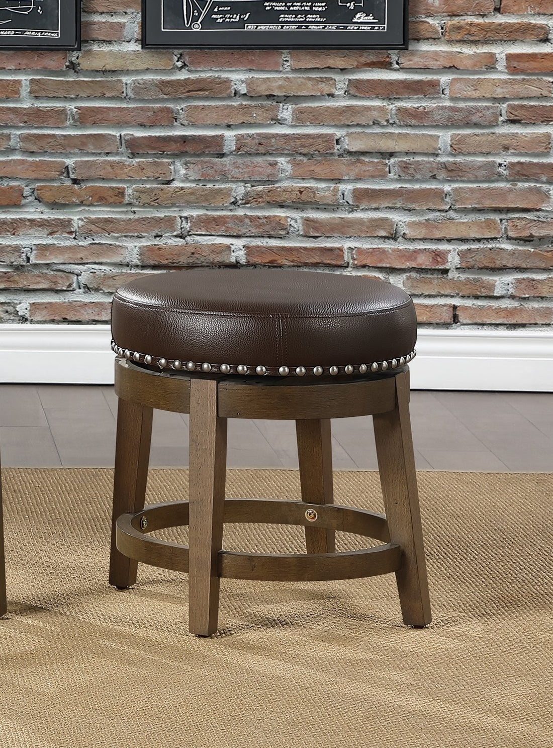 Round Swivel Stools Set Of 2, Brown Faux Leather 360 Degree Swivel Seat Trim Solid Wood Frame Brown Finish Transitional Style Furniture Brown Dining Room Round Solid Wood