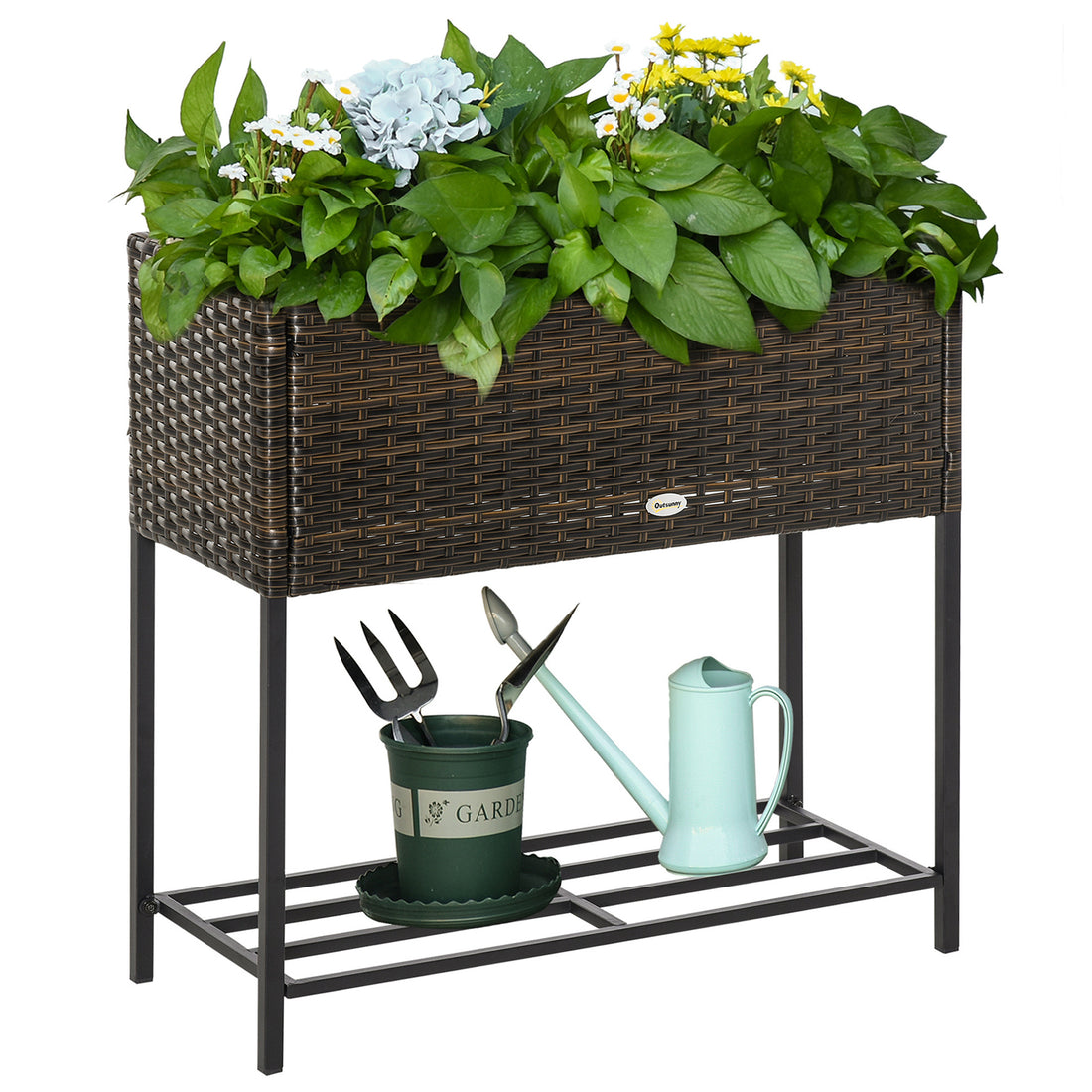 Outsunny Raised Garden Bed, Elevated Planter Box With Rattan Wicker Look, Tool Storage Shelf, Portable Design For Herbs, Vegetables, Flowers, Brown Brown Rattan