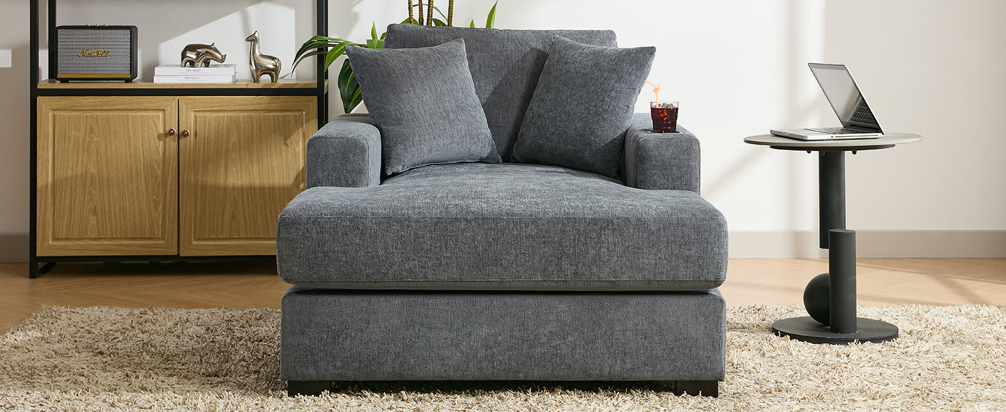 43.5" Oversized Chaise Lounger Modern Style Sofa Couch ,With Pillows, Charge Station & Cup Holders, Chenille Fabric, Blue Gray Blue Gray Chenille