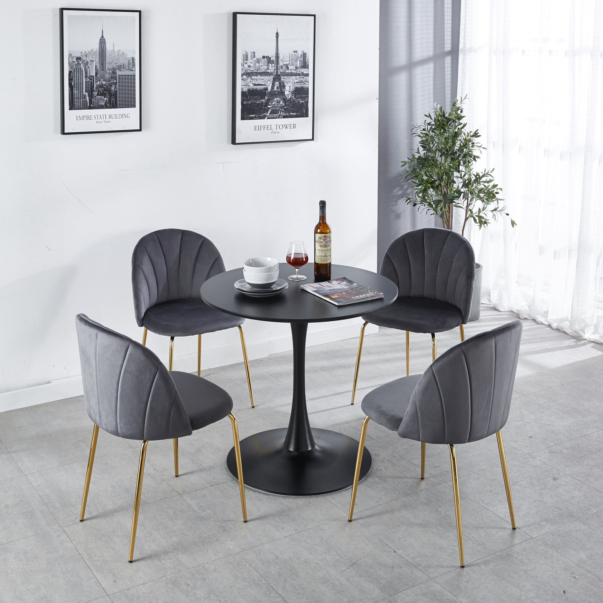 31.5"Black Tulip Table Mid Century Dining Table For 2 4 People With Round Mdf Table Top, Pedestal Dining Table, End Table Leisure Coffee Table Black Metal