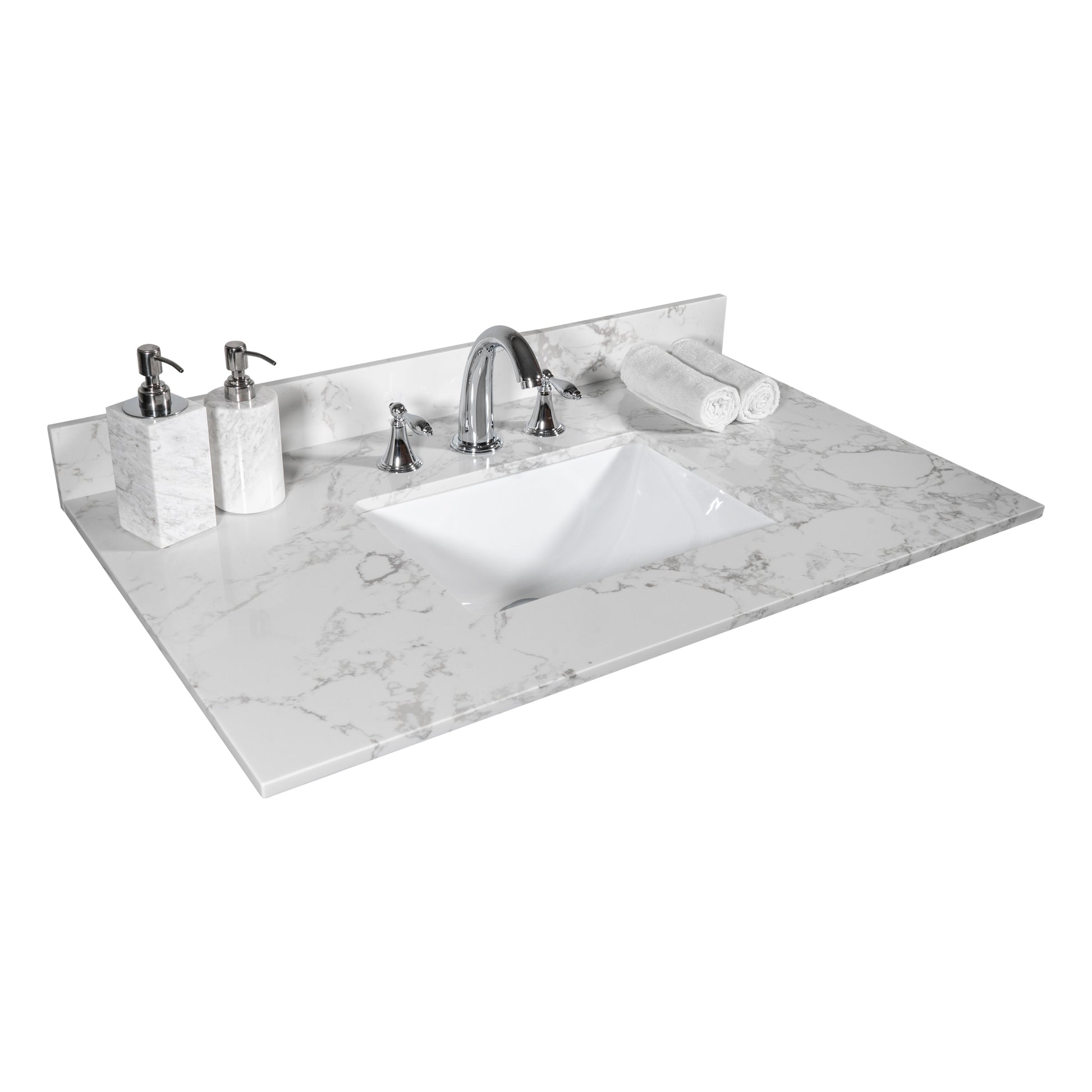 31Inch Bathroom Vanity Top Stone Carrara White Style Tops With Rectangle Undermount Ceramic Sink And Back Splash With 3 Faucet Hole For Bathrom Cabinet Grey Stone