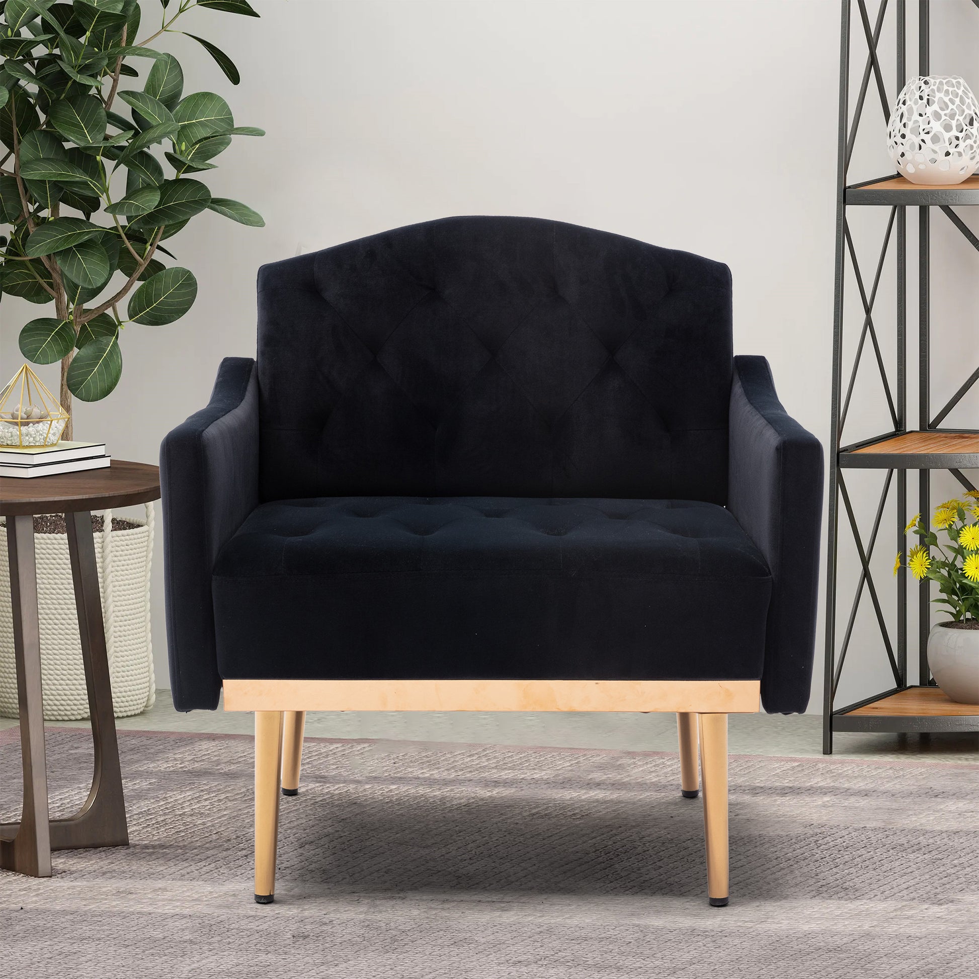 Coolmore Modern Accent Chair With Arms, Tufted Decorative Fabric Armchair With Gold Metal Legs, Upholstered Reading Chair For Living Room Bedroom Office Black Black Foam Metal