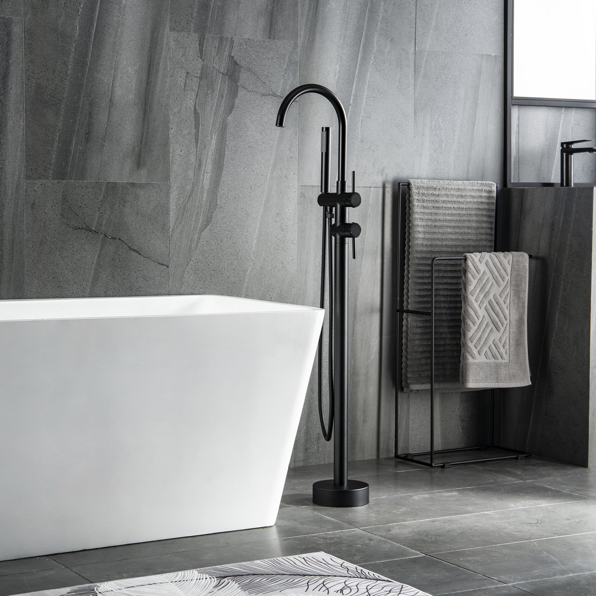 Trustmade Double Handle Freestanding Tub Filler With Handshower, Matte Black R01 Black Brass