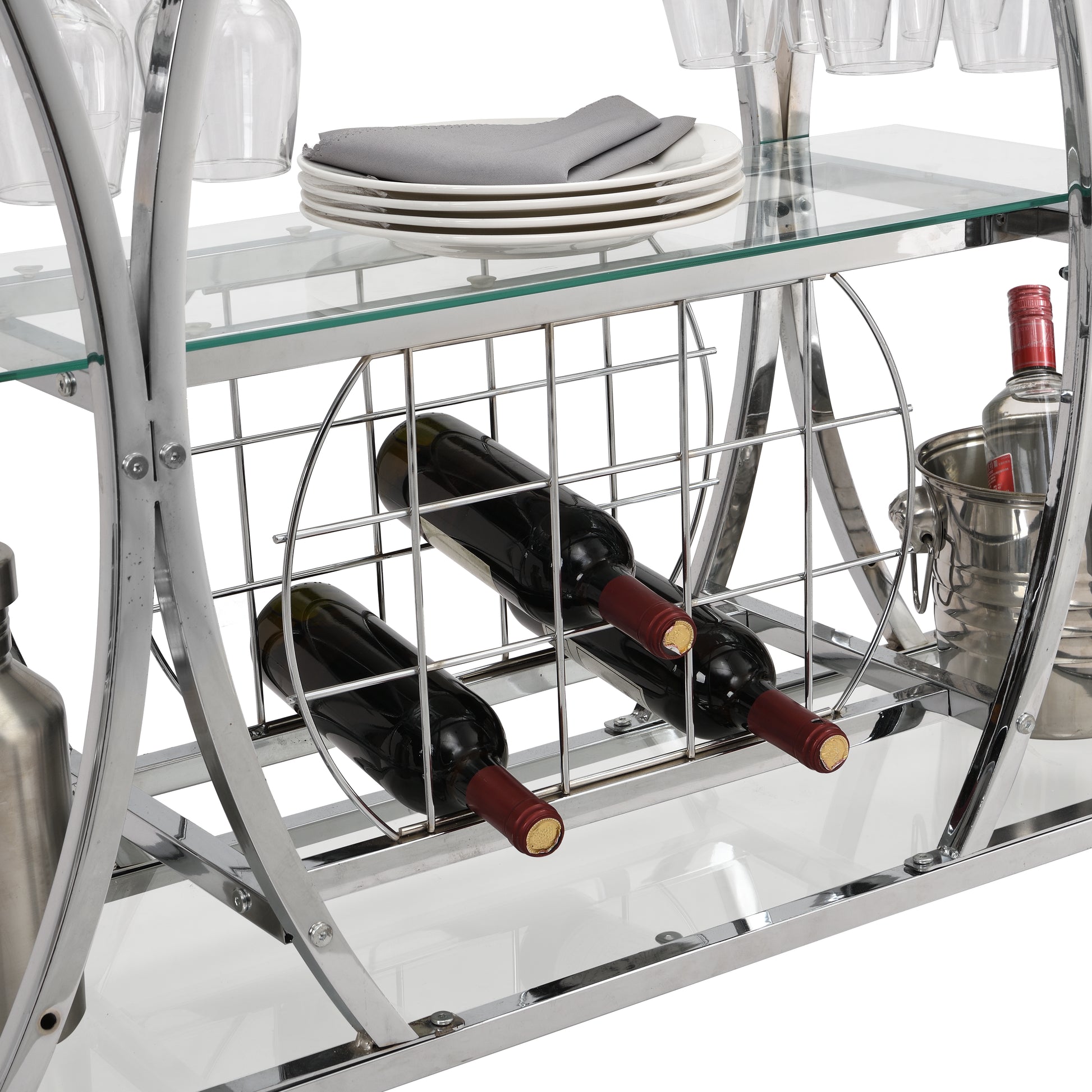 Contemporary Chrome Bar Cart With Wine Rack Silver Modern Glass Metal Frame Wine Storage Chrome Glass Metal