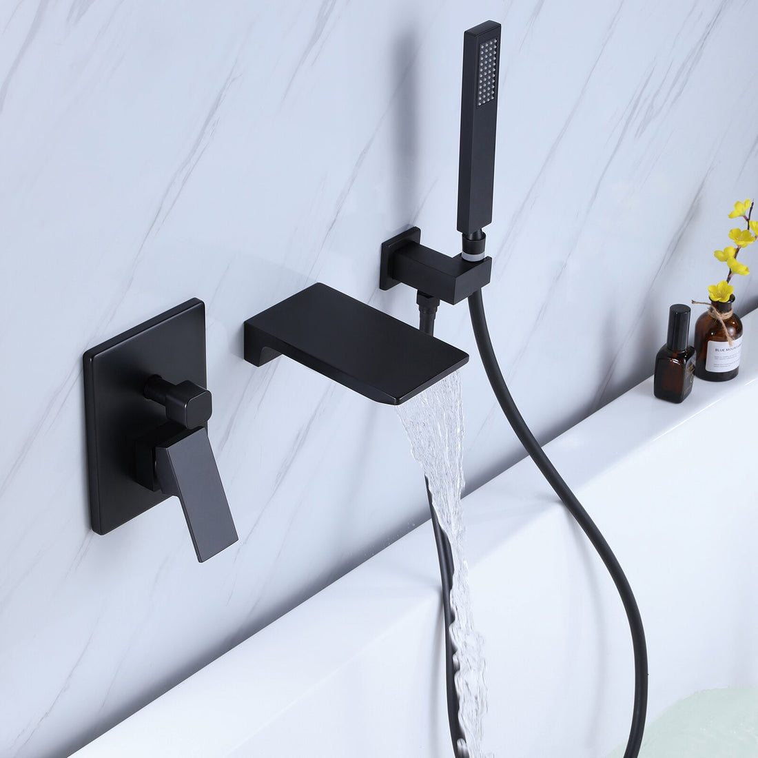 Wall Mount Tub Faucet Matte Black, Waterfall Wall Mount Tub Filler Faucet With Handheld Shower Brass, Bathtub Faucet Waterfall Spout High Flow Matte Black Brass