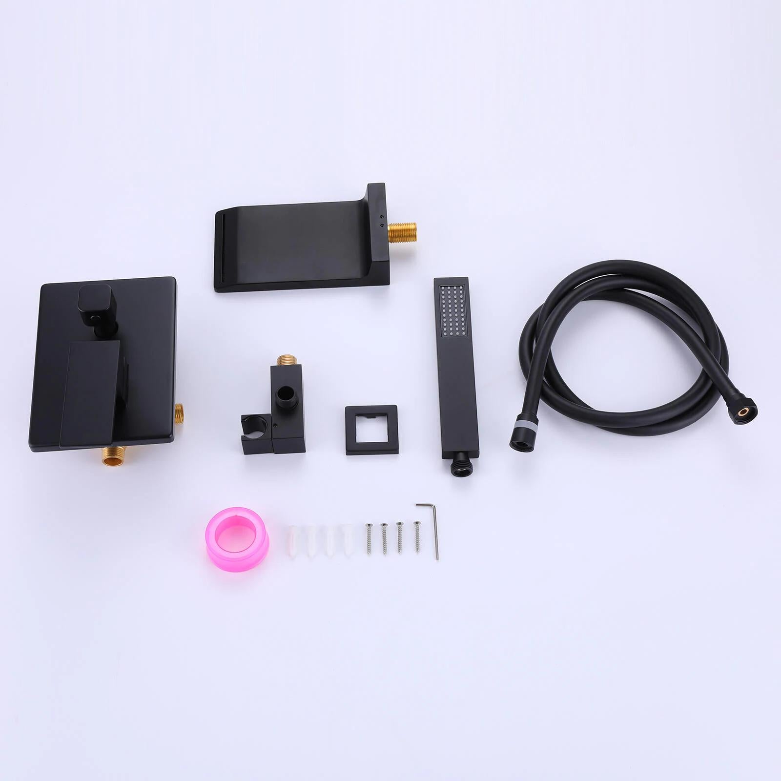 Wall Mount Tub Faucet Matte Black, Waterfall Wall Mount Tub Filler Faucet With Handheld Shower Brass, Bathtub Faucet Waterfall Spout High Flow Matte Black Brass