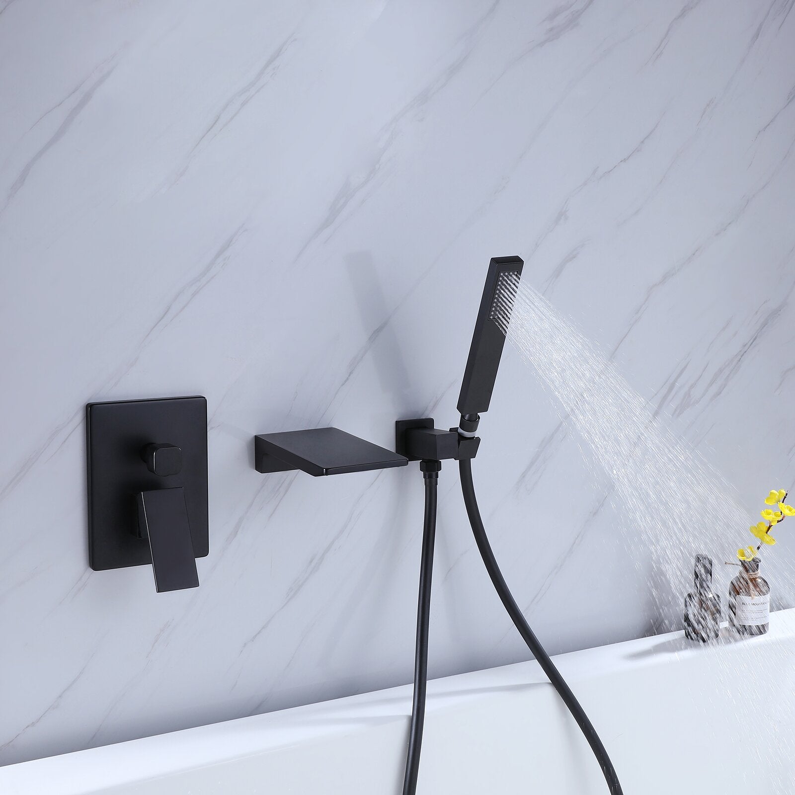 Wall Mount Tub Faucet Matte Black, Waterfall Wall Mount Tub Filler Faucet With Handheld Shower Brass, Bathtub Faucet Waterfall Spout High Flow Matte Black Brass