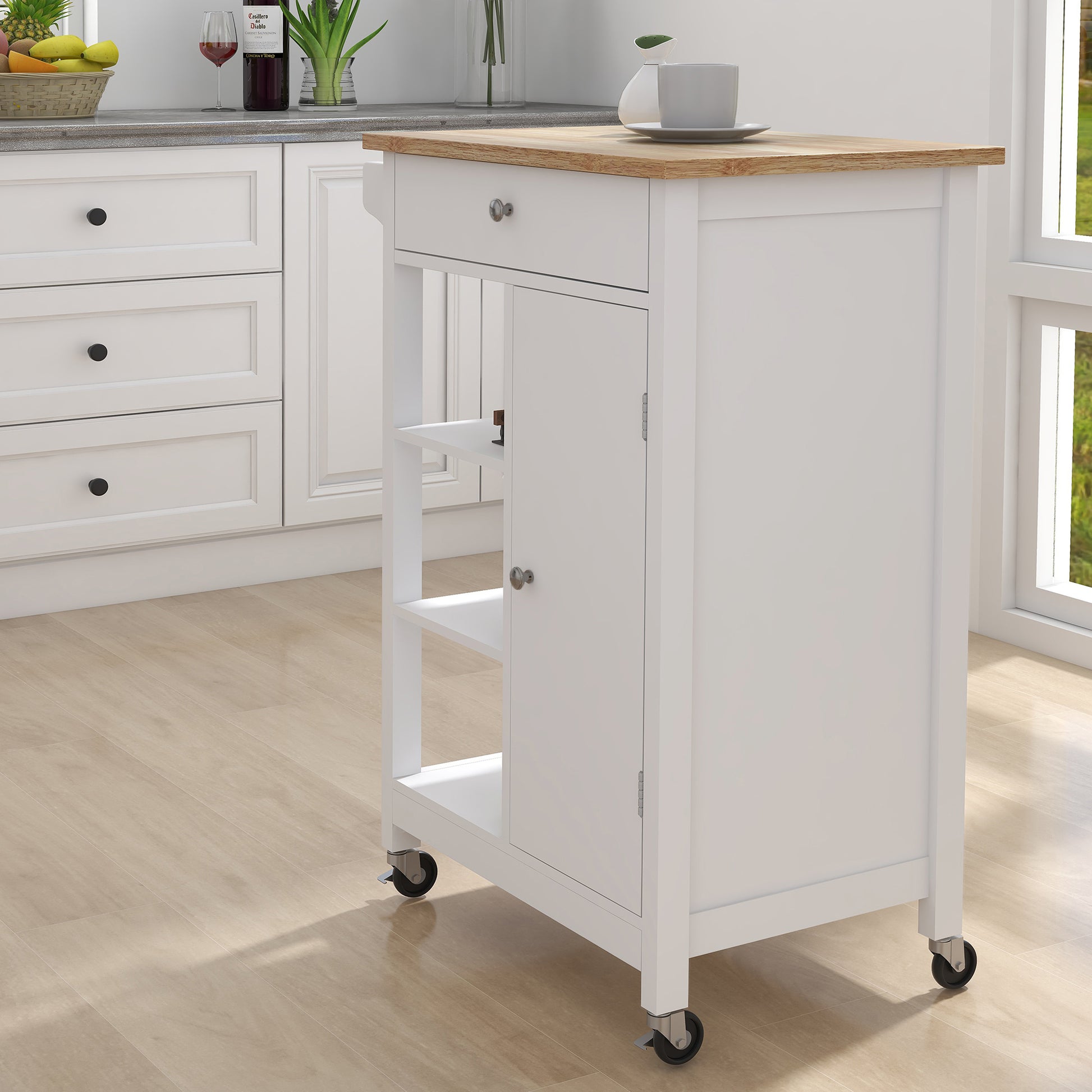 Kitchen Island Rolling Trolley Cart With Adjustable Shelves And Towel Rack Rubber Wood Table Top White Mdf