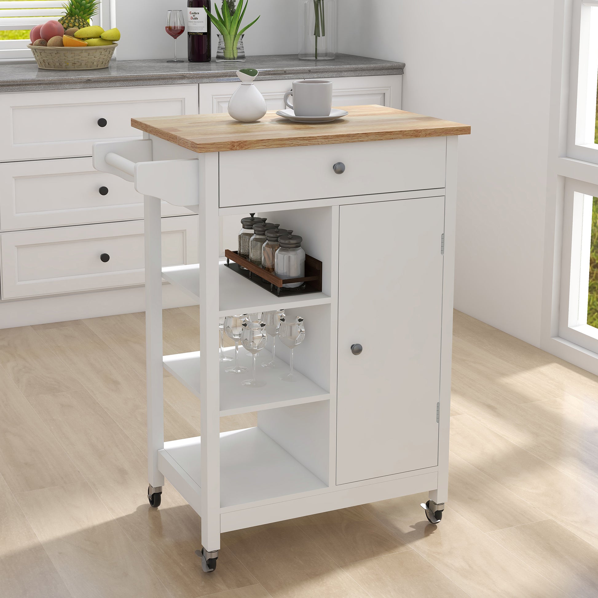 Kitchen Island Rolling Trolley Cart With Adjustable Shelves And Towel Rack Rubber Wood Table Top White Mdf