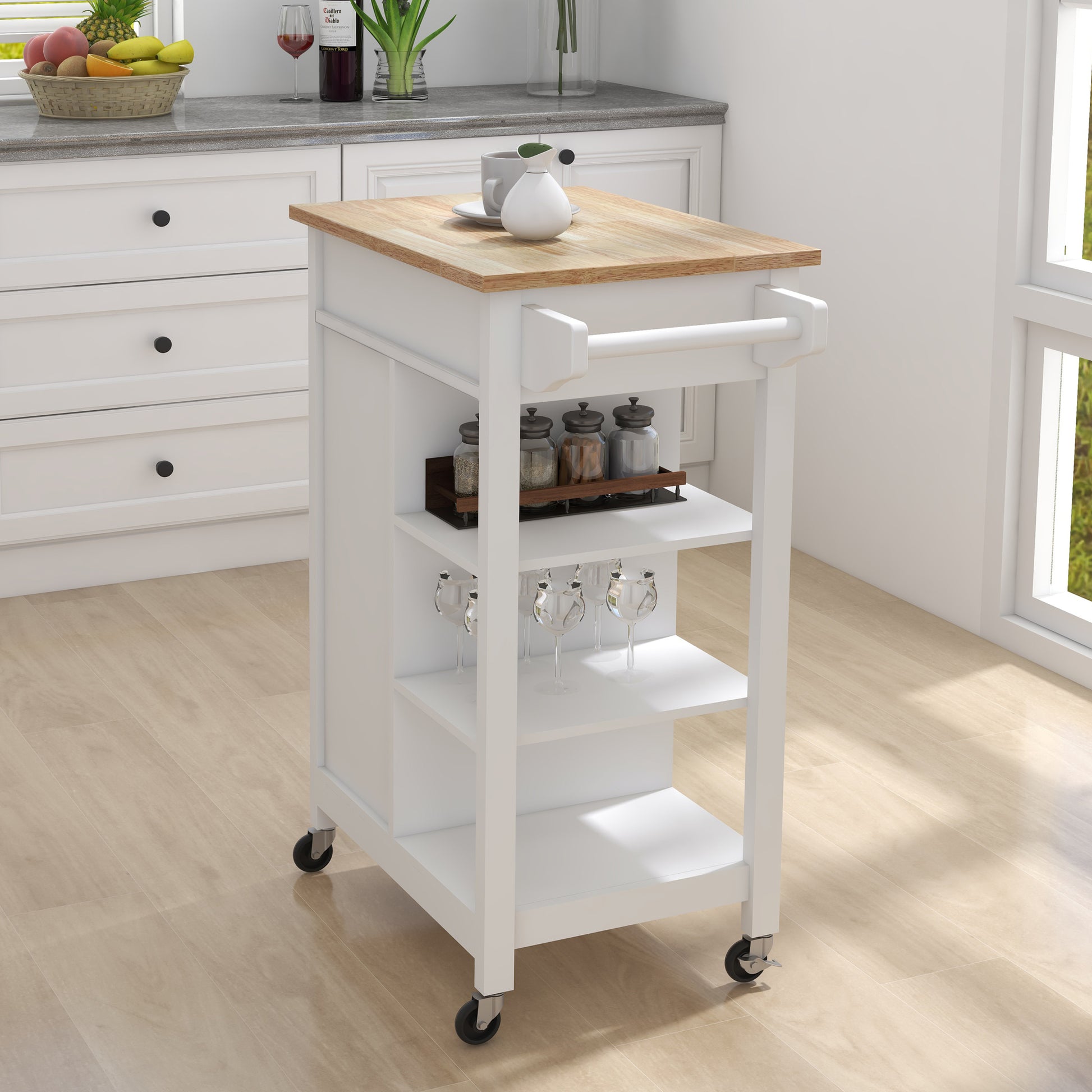 Kitchen Island Rolling Trolley Cart With Adjustable Shelves And Towel Rack Rubber Wood Table Top White Mdf
