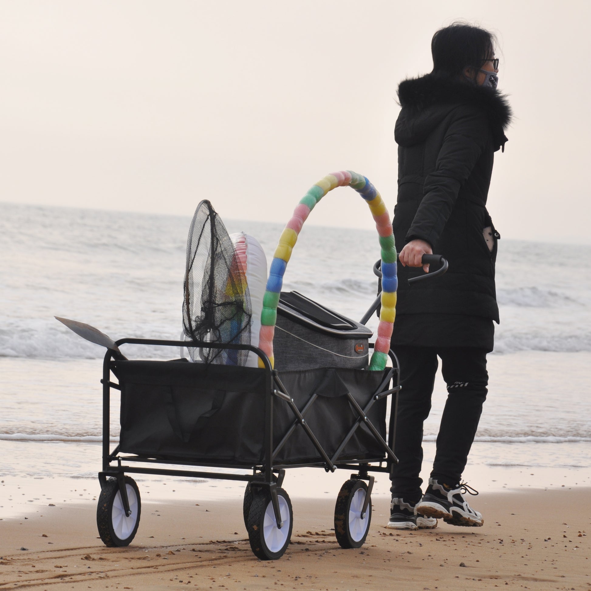 Folding Wagon Garden Shopping Beach Cart Black Black Steel