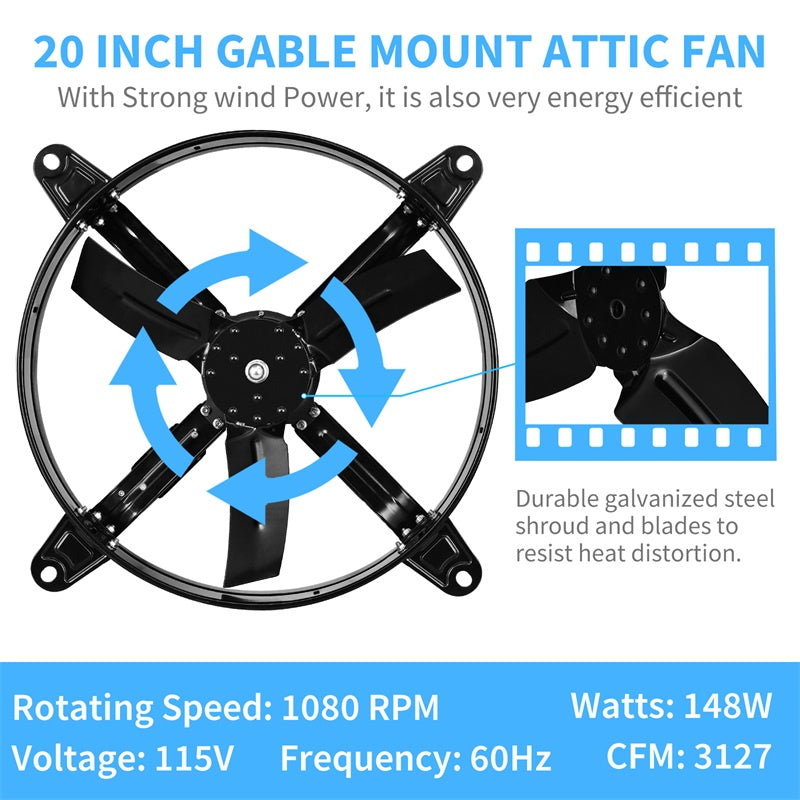 Healsmart 20 Inch Gable Mount Fan Attic Ventilator With Adjustable Temperature Thermostat, 3127 Cfm, Black Black Metal