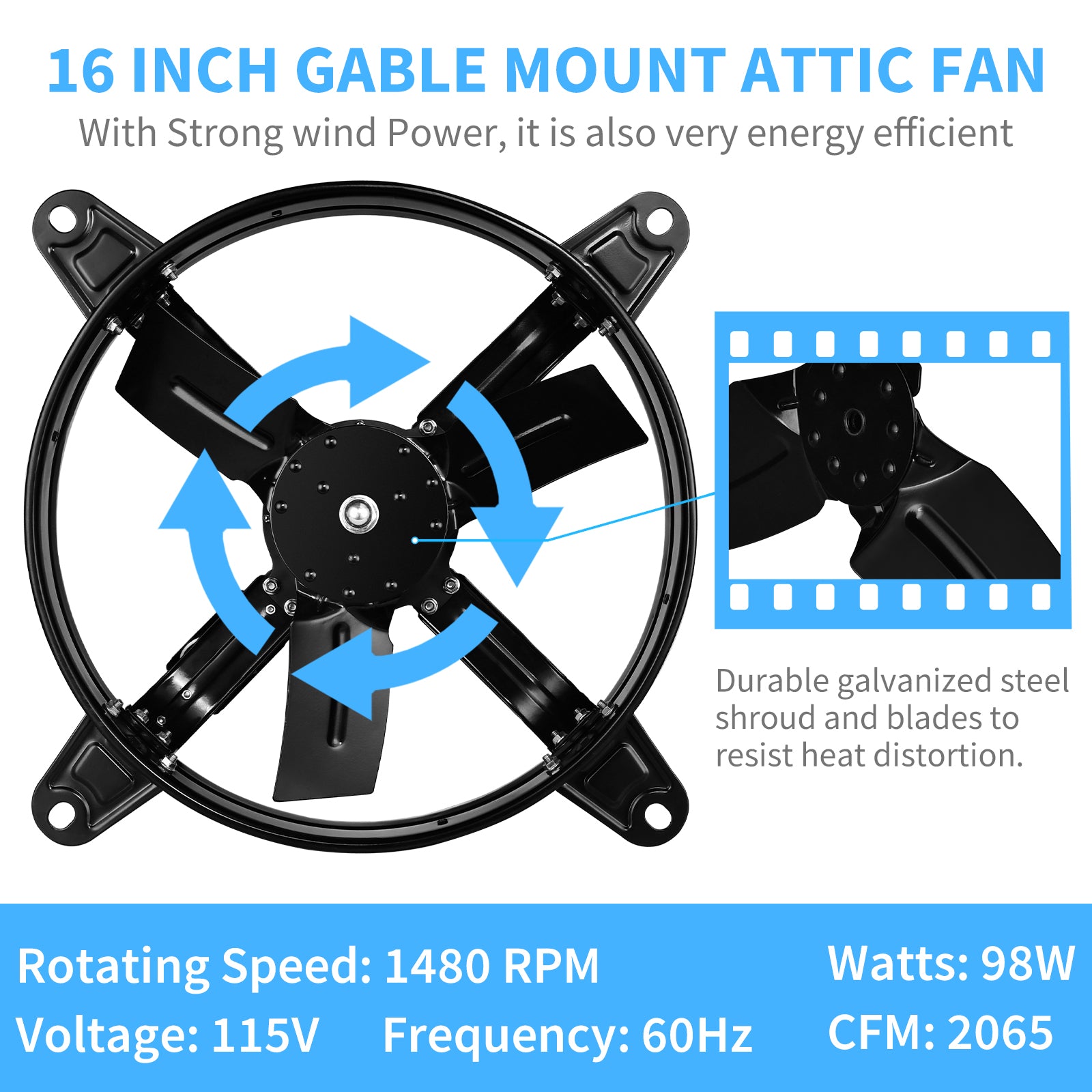 Healsmart 16 Inch Mount Fan Attic Gable Ventilator With Adjustable Temperature Thermostat, 2065 Cfm, Black Black Metal