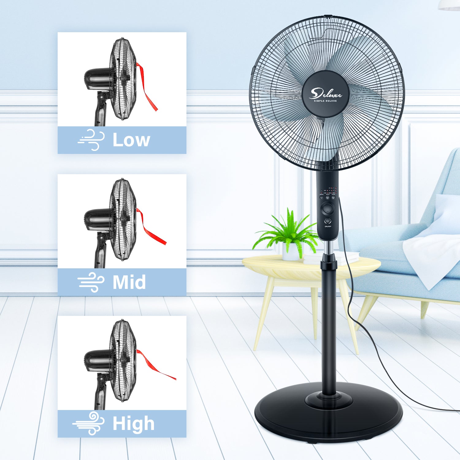 Simple Deluxe Oscillating 16 Adjustable 3 Speed Pedestal Stand Fan With Remote Control For Indoor, Bedroom, Living Room, Home Office & College Dorm Use Black Plastic