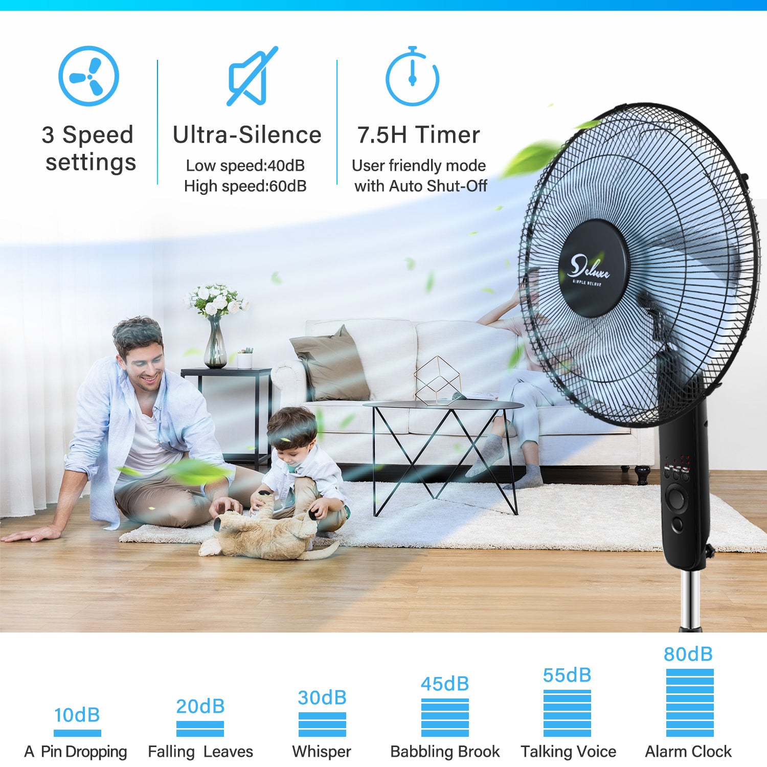 Simple Deluxe Oscillating 16 Adjustable 3 Speed Pedestal Stand Fan With Remote Control For Indoor, Bedroom, Living Room, Home Office & College Dorm Use Black Plastic