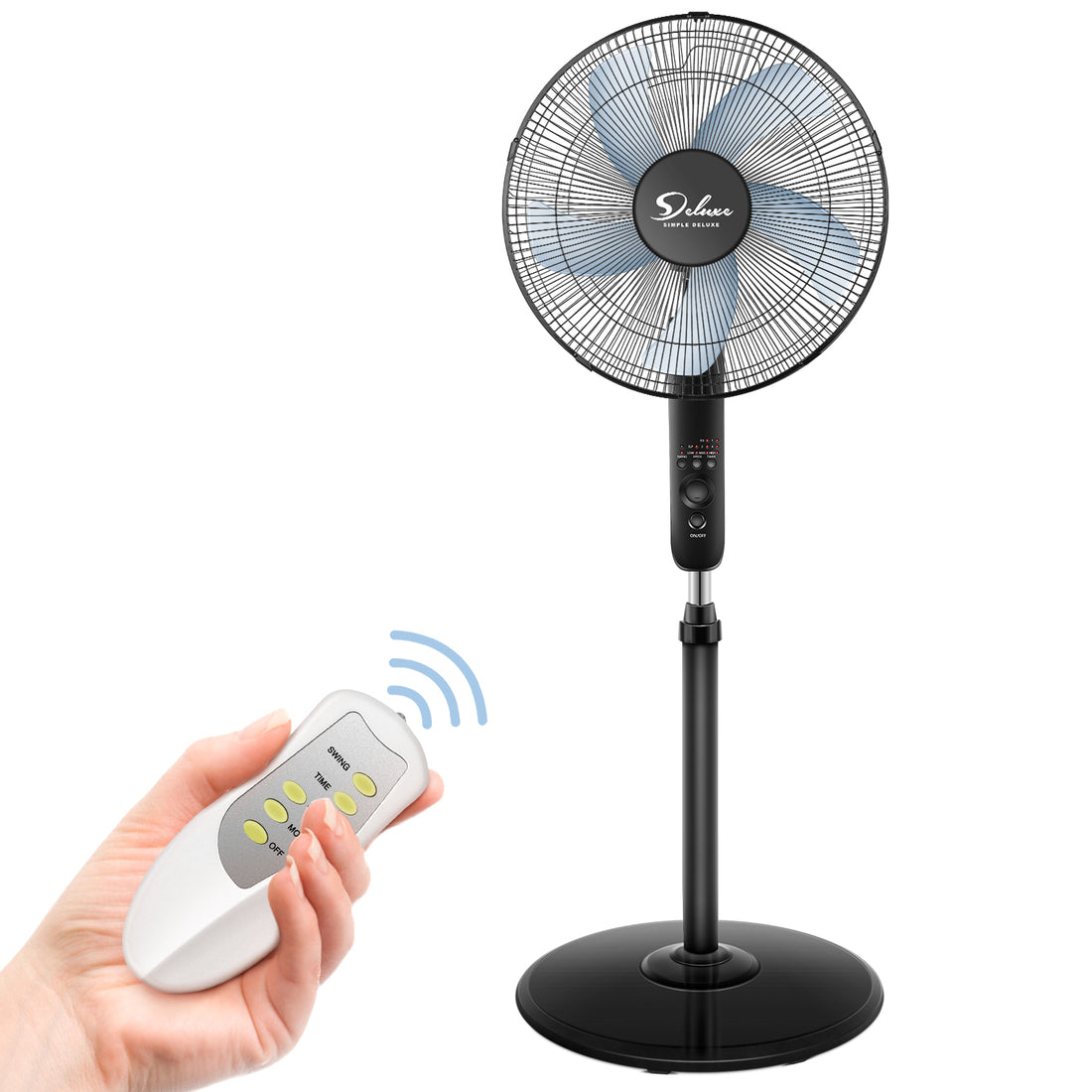 Simple Deluxe Oscillating 16 Adjustable 3 Speed Pedestal Stand Fan With Remote Control For Indoor, Bedroom, Living Room, Home Office & College Dorm Use Black Plastic