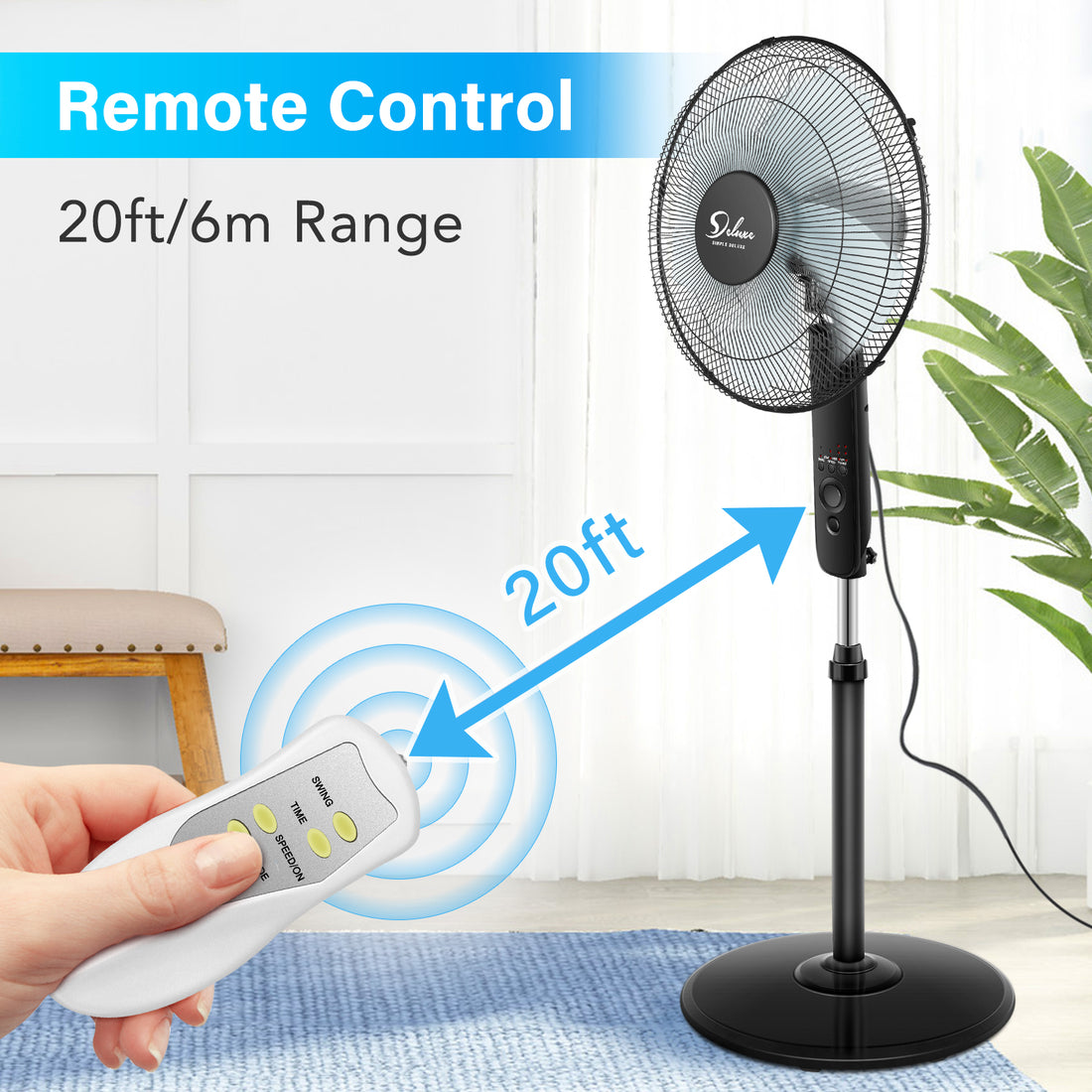 Simple Deluxe Oscillating 16 Adjustable 3 Speed Pedestal Stand Fan With Remote Control For Indoor, Bedroom, Living Room, Home Office & College Dorm Use Black Plastic