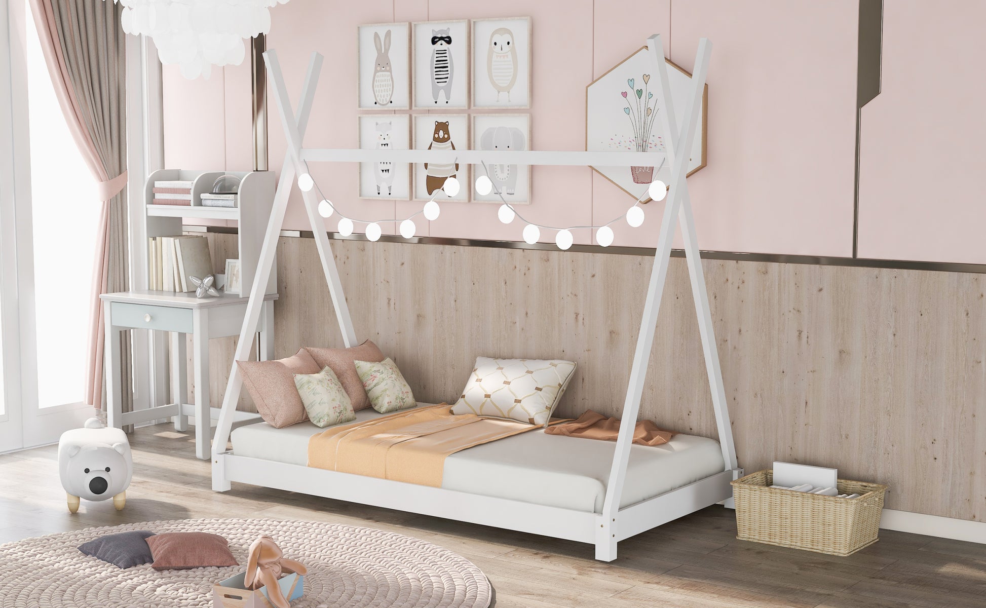 Twin Size House Platform Bed With Triangle Tructure,White White Pine