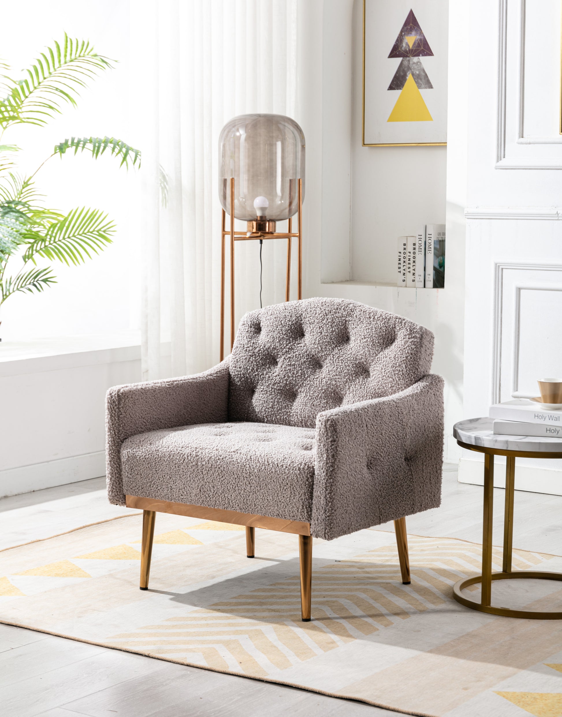 Coolmore Modern Accent Chair With Arms, Tufted Decorative Fabric Armchair With Gold Metal Legs, Upholstered Reading Chair For Living Room Bedroom Office Grey Teddy Grey Teddy Foam Metal