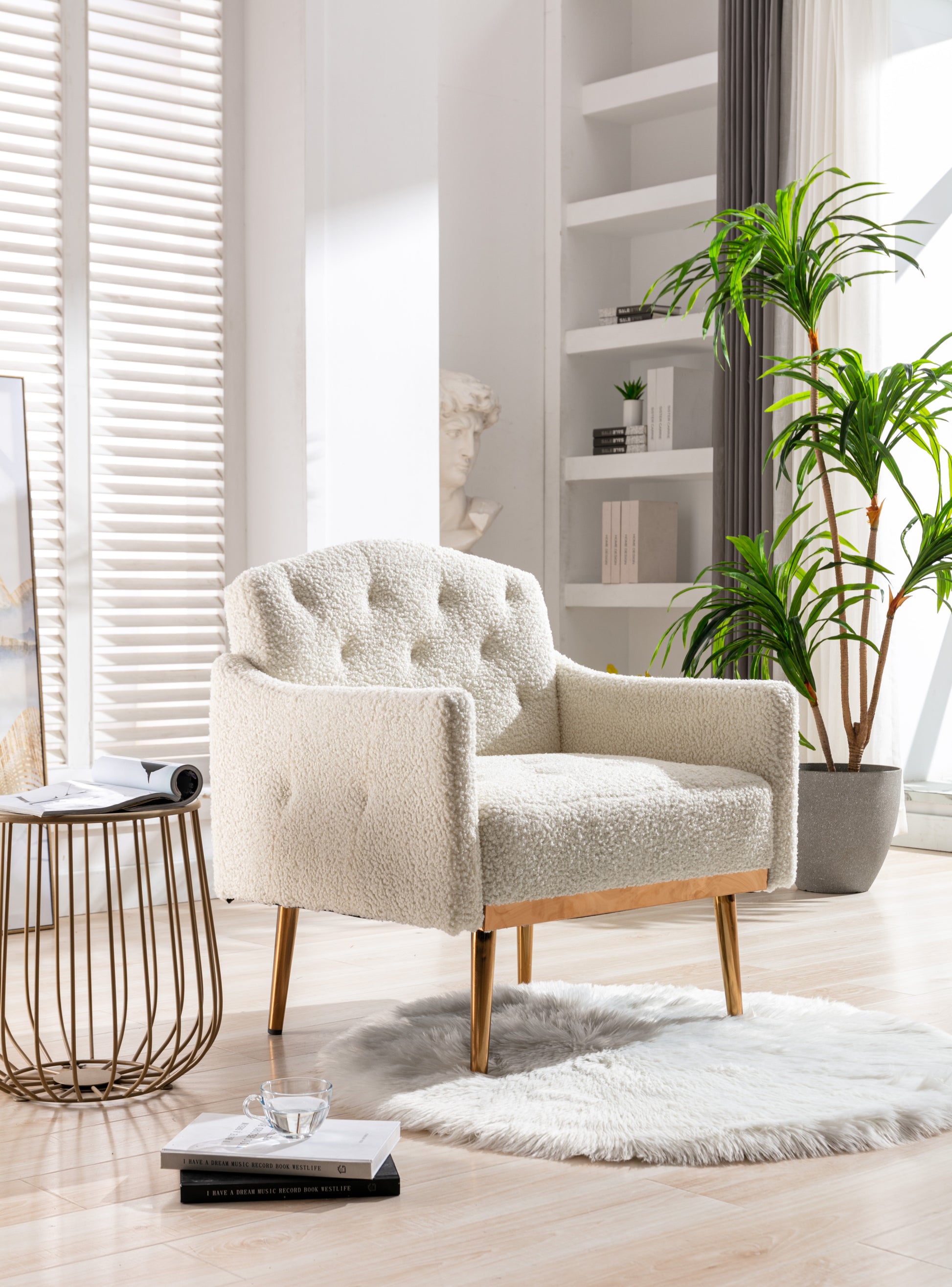 Coolmore Modern Accent Chair With Arms, Tufted Decorative Fabric Armchair With Gold Metal Legs, Upholstered Reading Chair For Living Room Bedroom Office White Teddy White Teddy Foam Metal