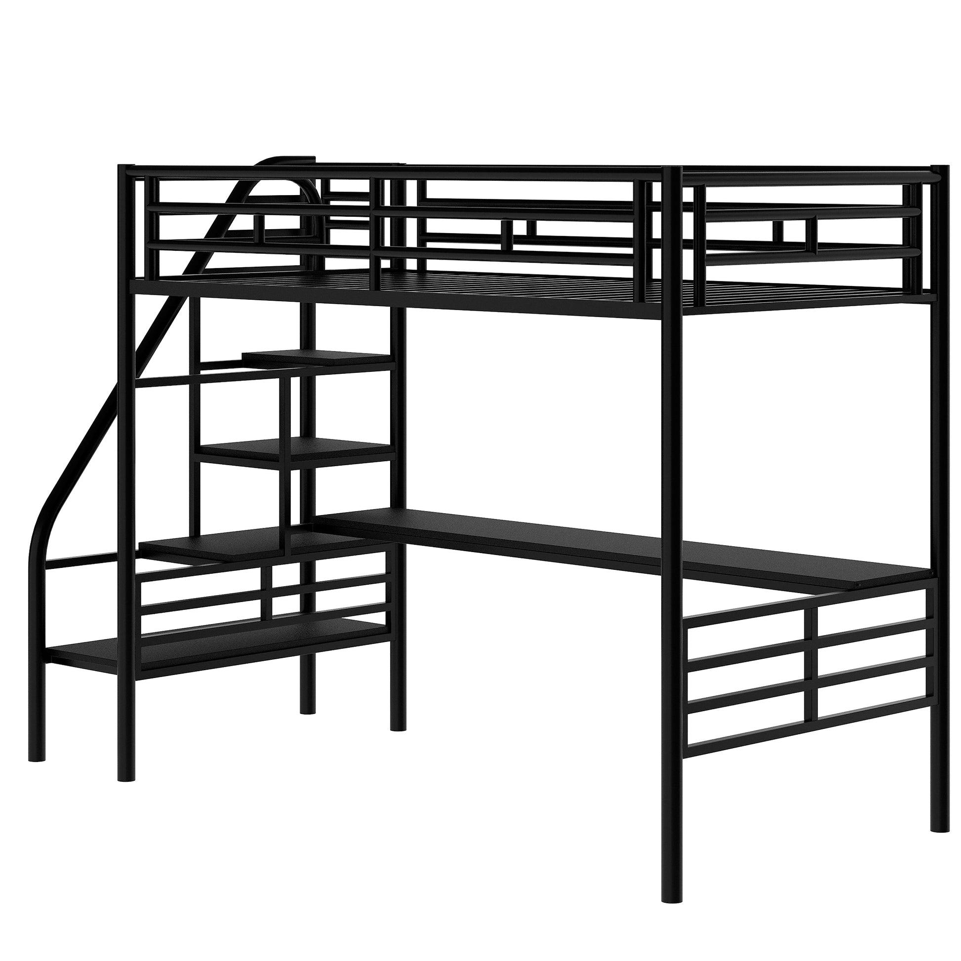 Metal Loft Bed Frame With Desk, No Box Spring Needed,Twin ,Black Twin Black Metal