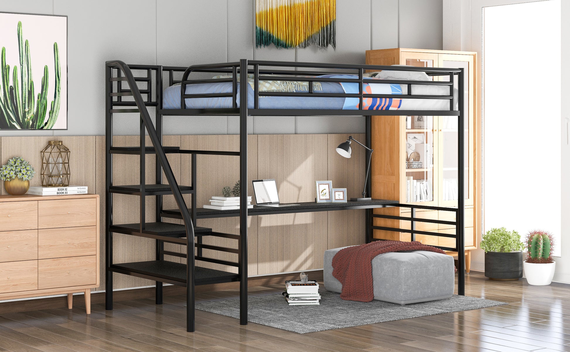 Metal Loft Bed Frame With Desk, No Box Spring Needed,Twin ,Black Twin Black Metal