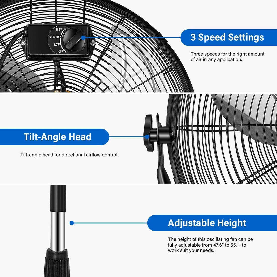 Simple Deluxe 20 Inch Pedestal Standing Fan, High Velocity, Heavy Duty Metal For Industrial, Commercial, Residential, Greenhouse Use, Black Black Metal