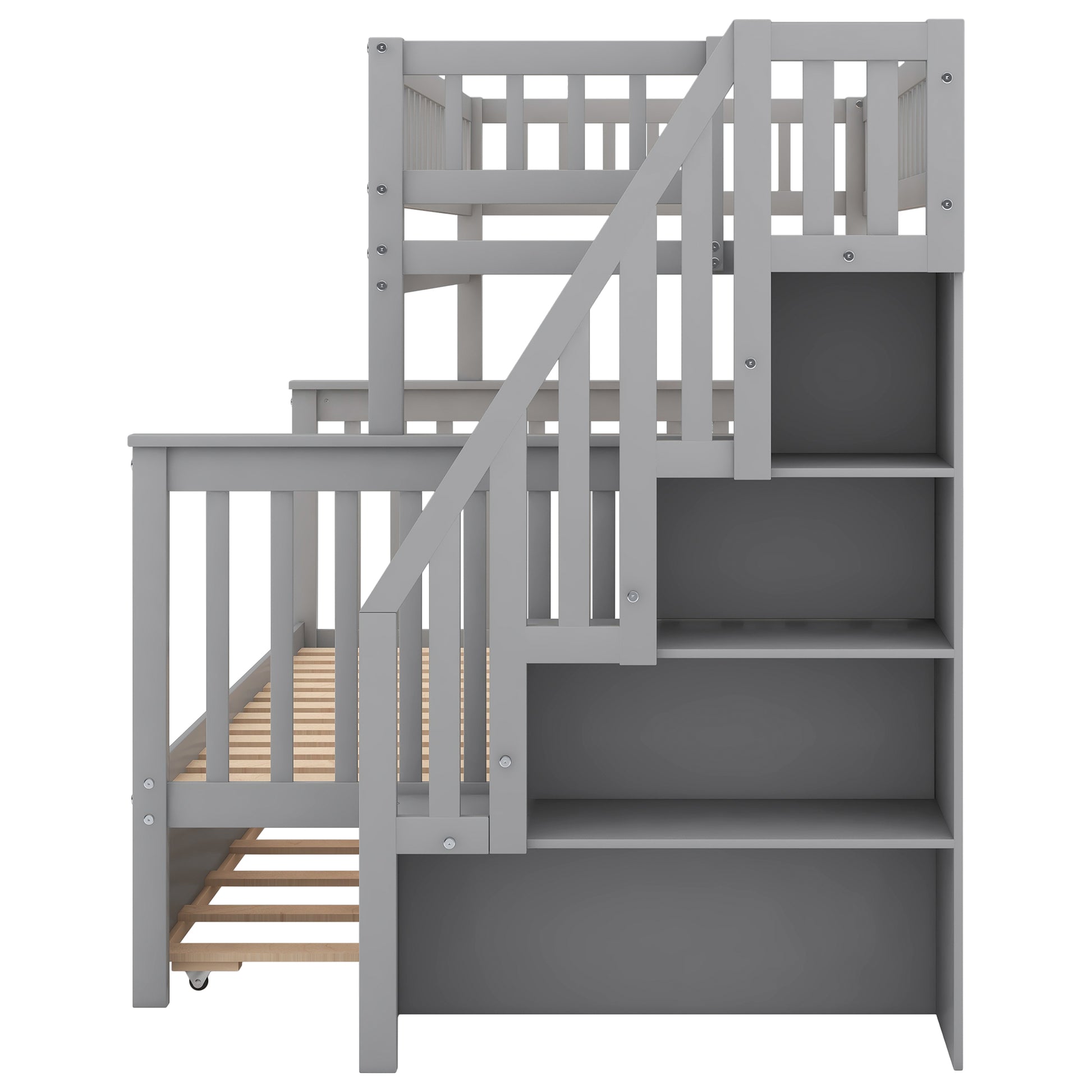 Twin Over Full Bunk Bed With Trundle And Staircase,Gray Twin Gray Pine