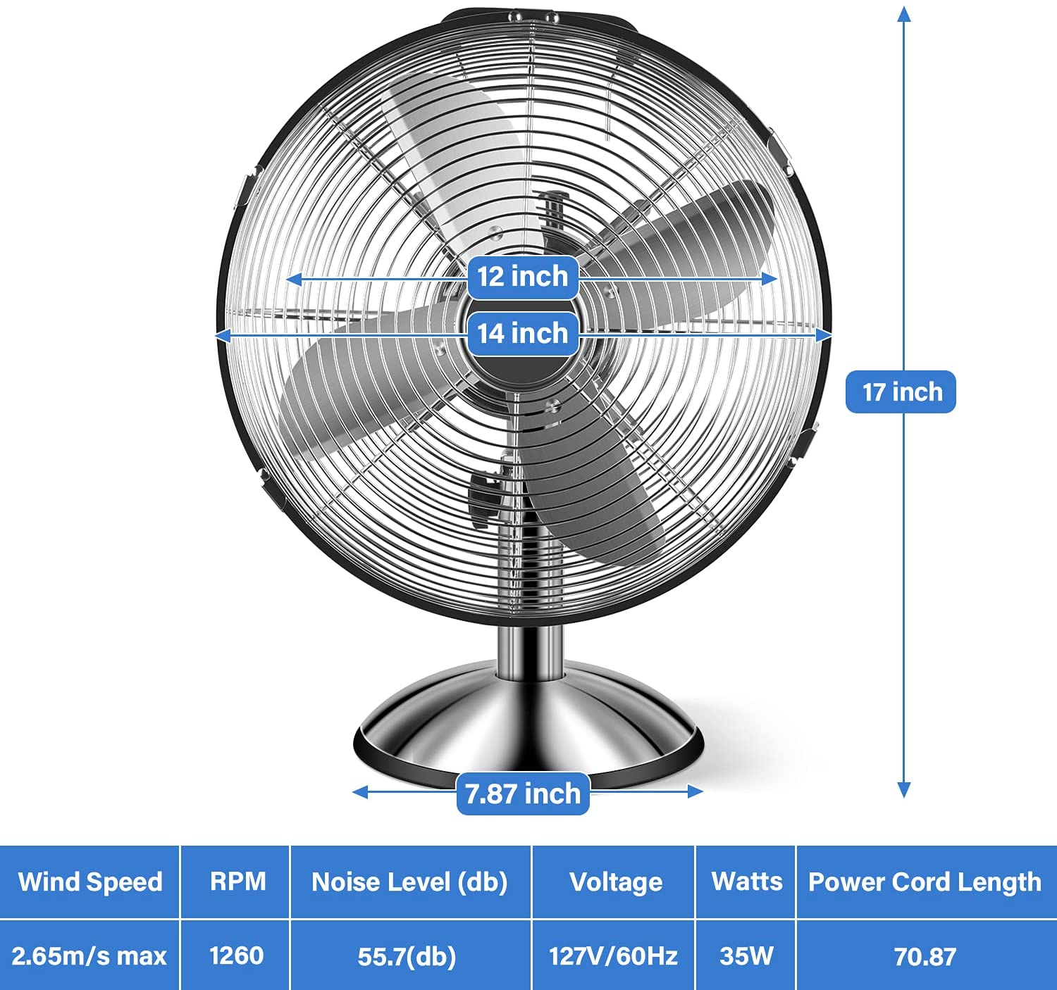 Simple Deluxe 12 Inch Stand Fan, Horizontal Ocillation 75 , 3 Settings Speeds, Low Noise, Quality Made Durable Fan, High Velocity, Heavy Duty Metal For Industrial, Commercial, Residential, Silver