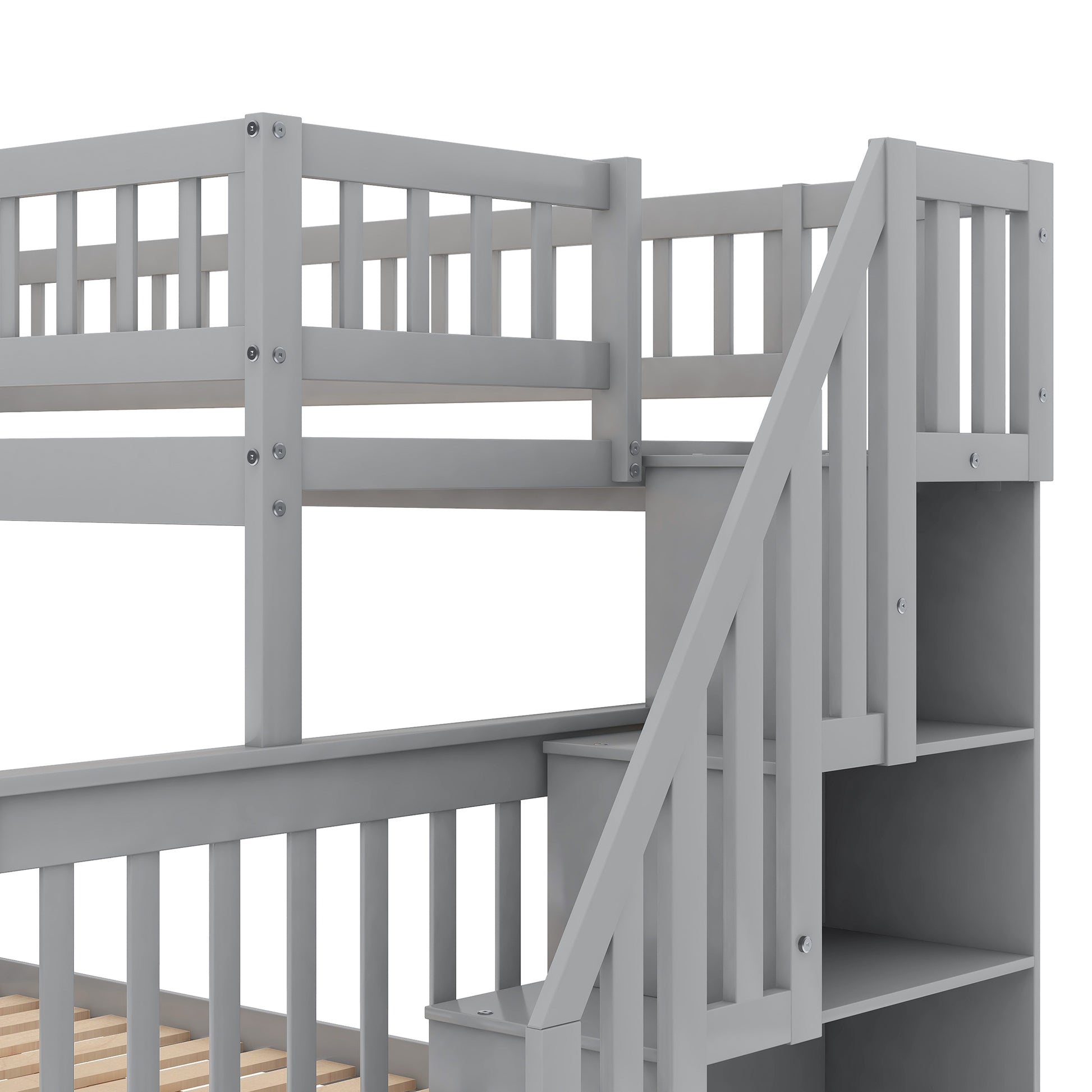 Twin Over Full Bunk Bed With Trundle And Staircase,Gray Twin Gray Pine