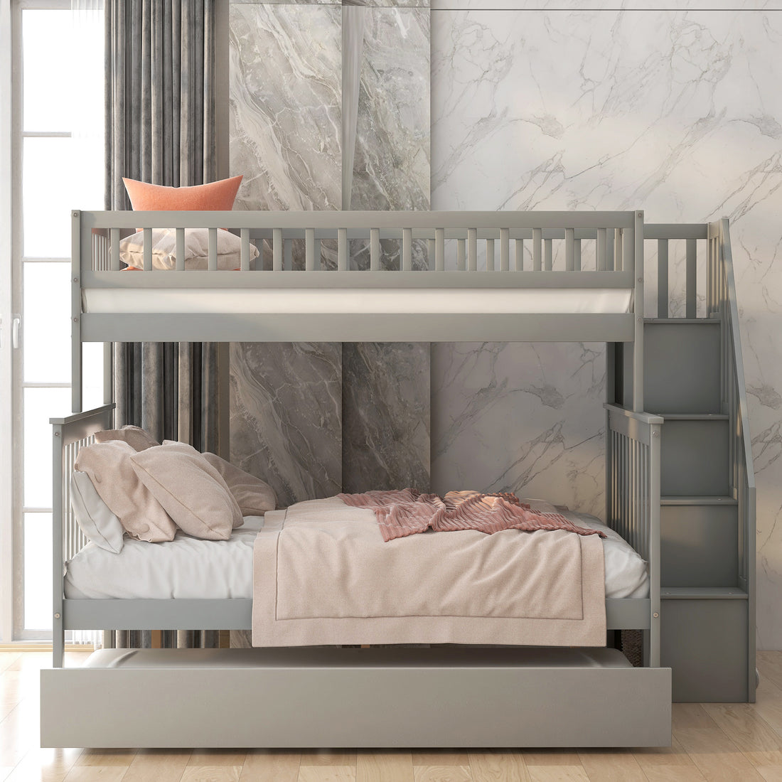 Twin Over Full Bunk Bed With Trundle And Staircase,Gray Twin Gray Pine
