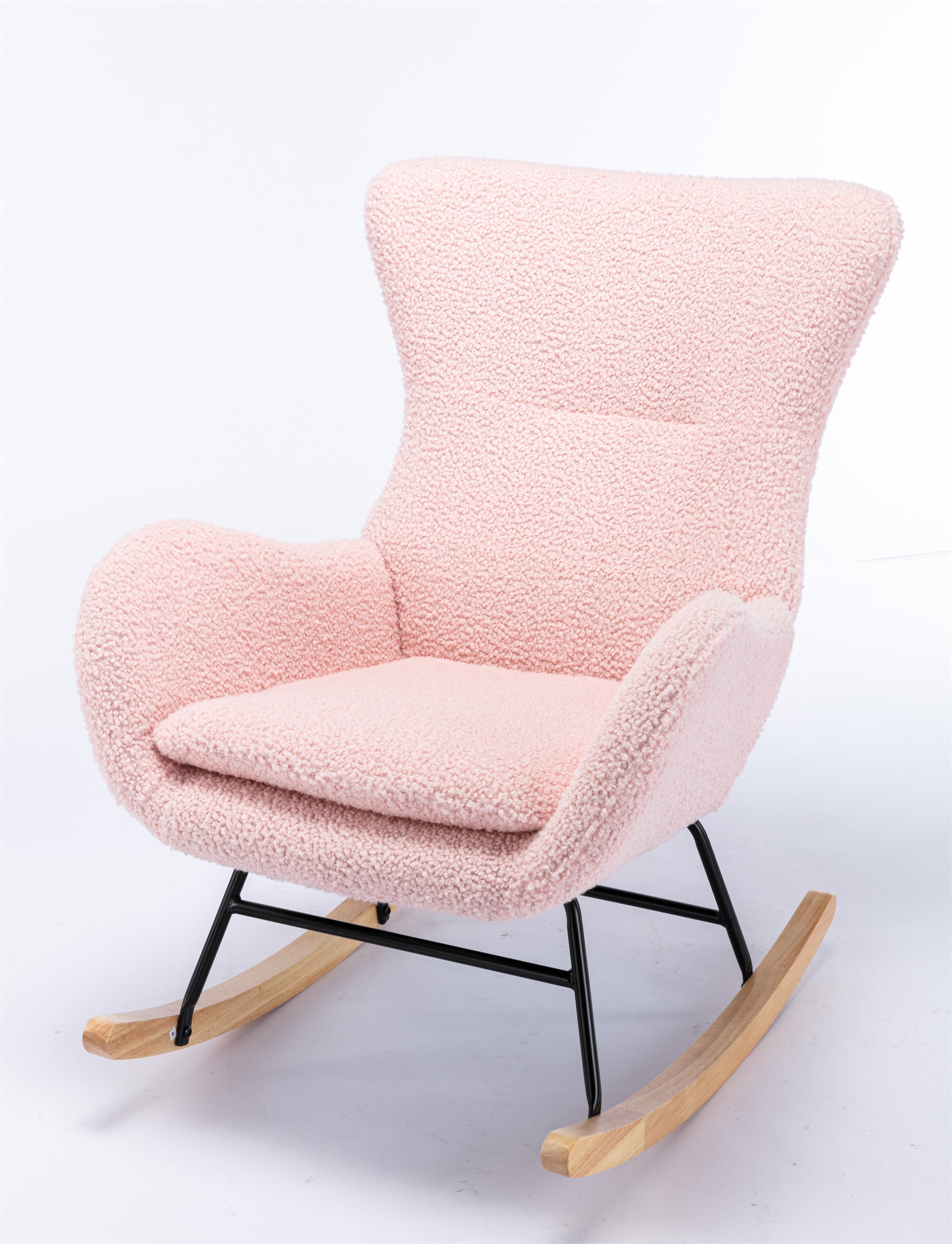 Teddy Fabric Padded Seat Rocking Chair With High Backrest And Armrests Pink Foam Upholstered