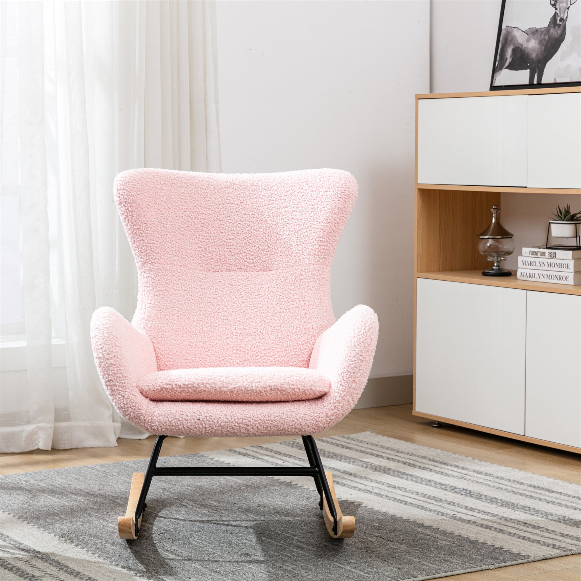 Teddy Fabric Padded Seat Rocking Chair With High Backrest And Armrests Pink Foam Upholstered