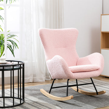 Teddy Fabric Padded Seat Rocking Chair With High Backrest And Armrests Pink Foam Upholstered