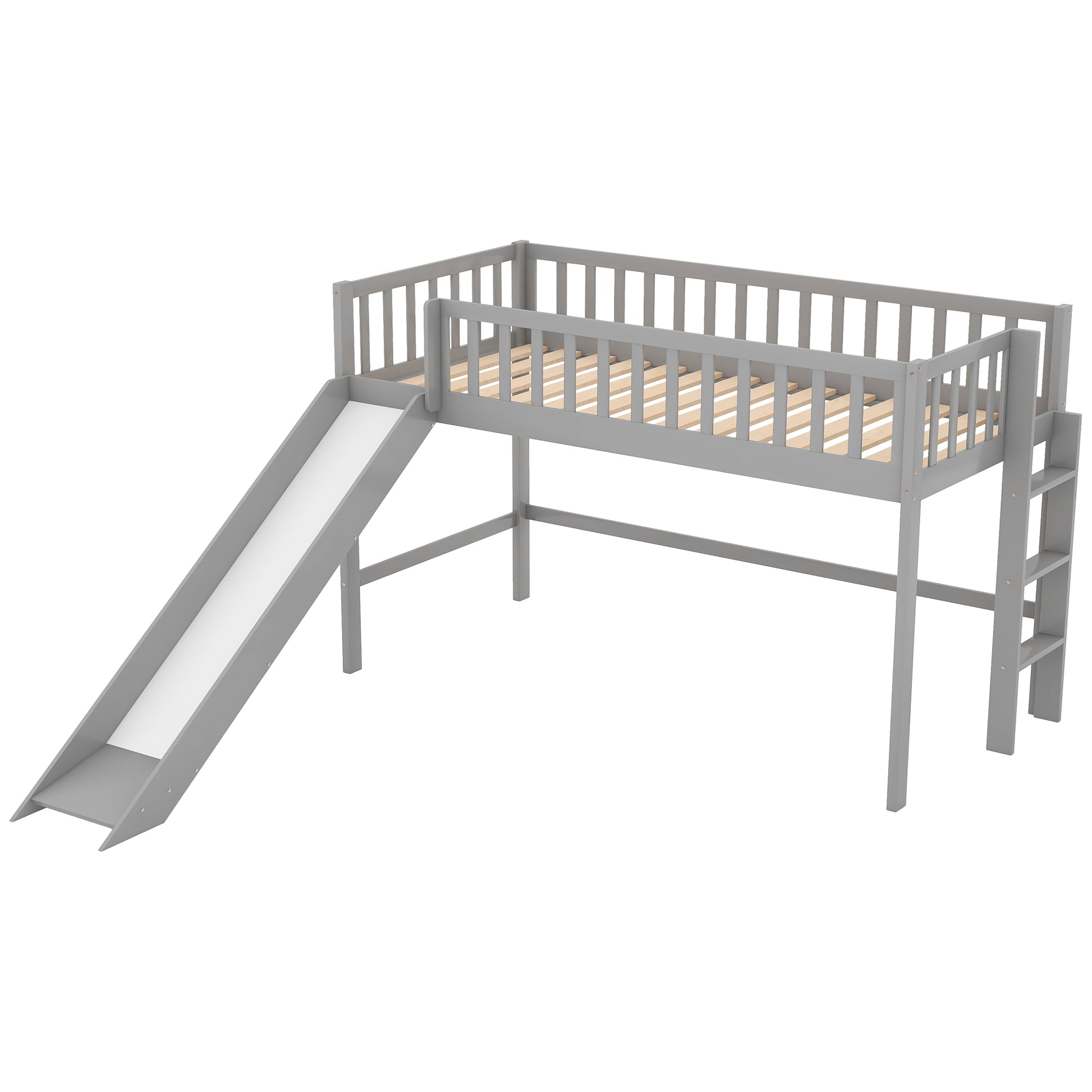 Twin Size Low Loft Bed With Ladder And Slide, Gray Old Sku:Wf196418Aae Gray Pine