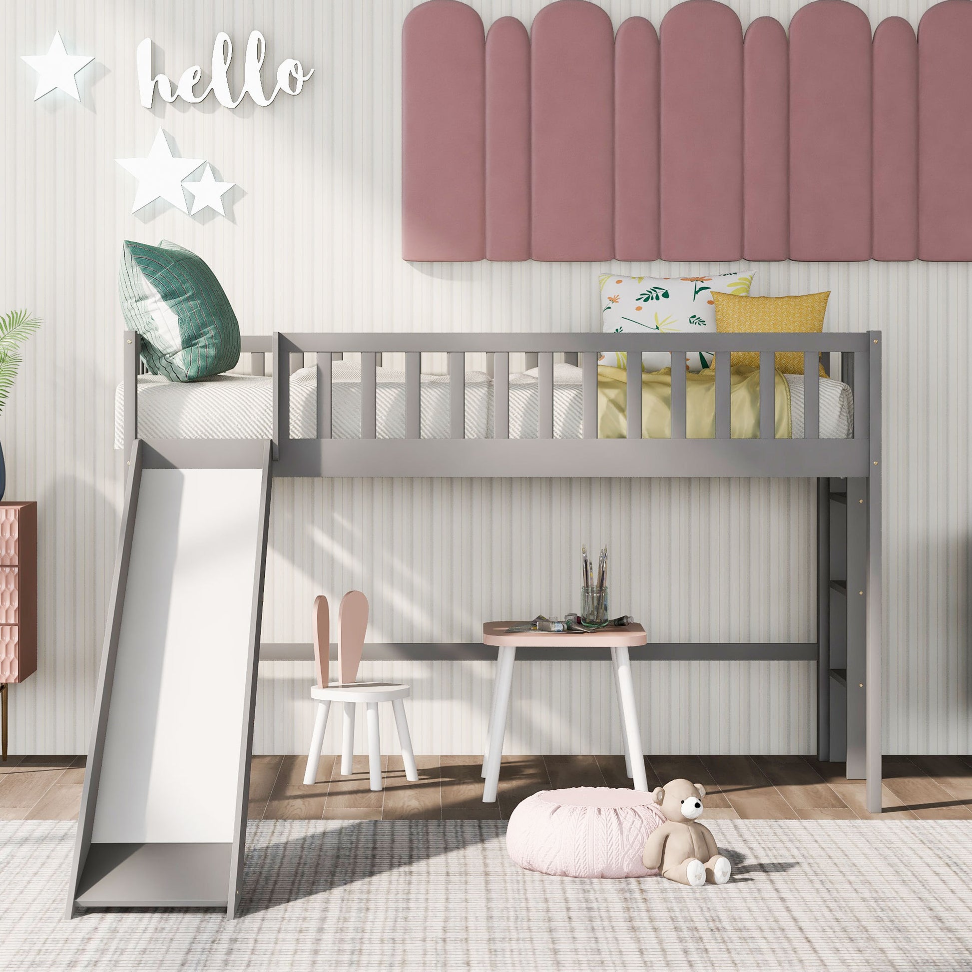 Twin Size Low Loft Bed With Ladder And Slide, Gray Old Sku:Wf196418Aae Gray Pine