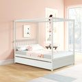 Full Size Canopy Bed With Twin Trundle, Kids Solid Wood Platform Bed Frame W Headboard, No Box Spring Needed White Color White Pine