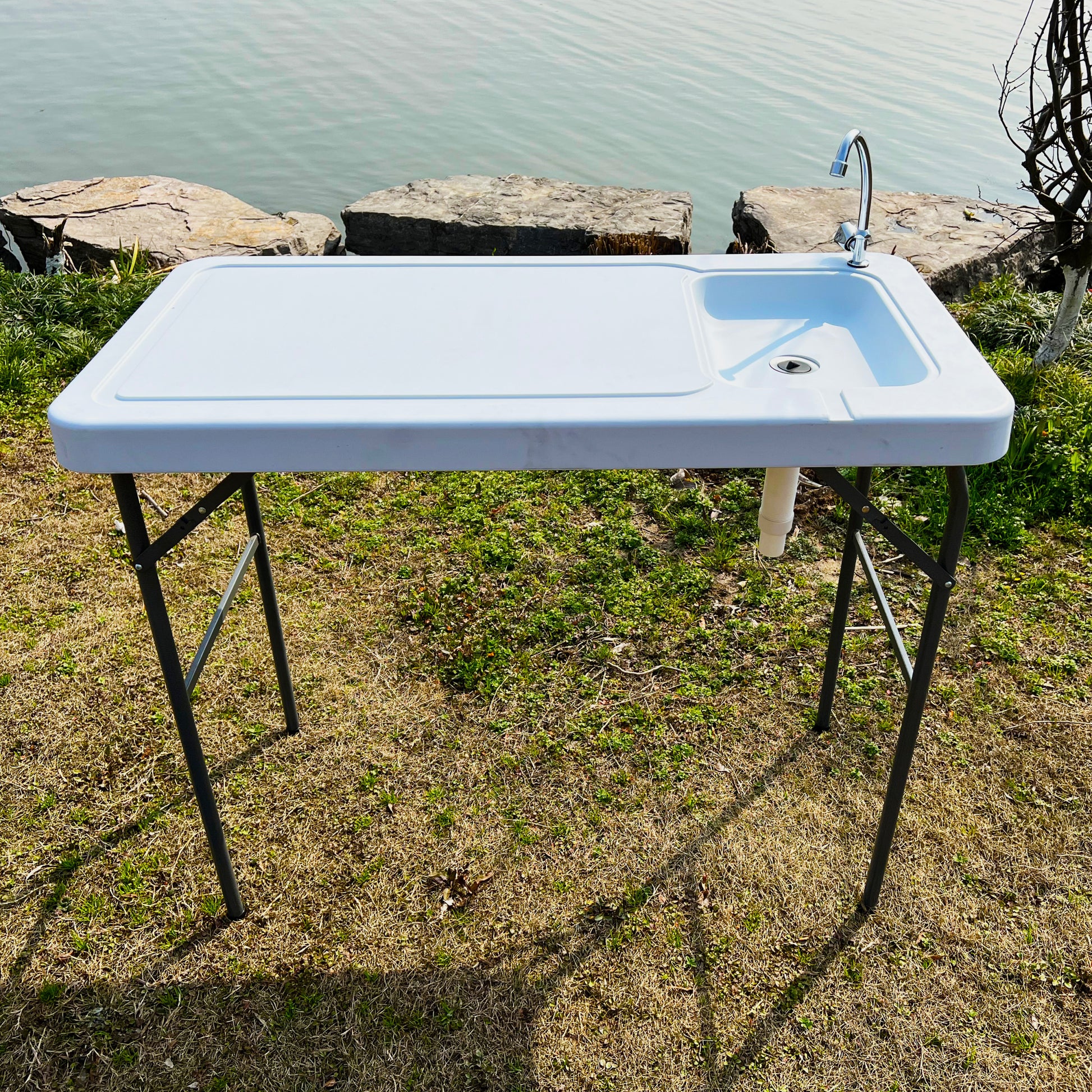 Outdoor Fish And Game Cutting Cleaning Table W Sink And Faucet Off White Hdpe