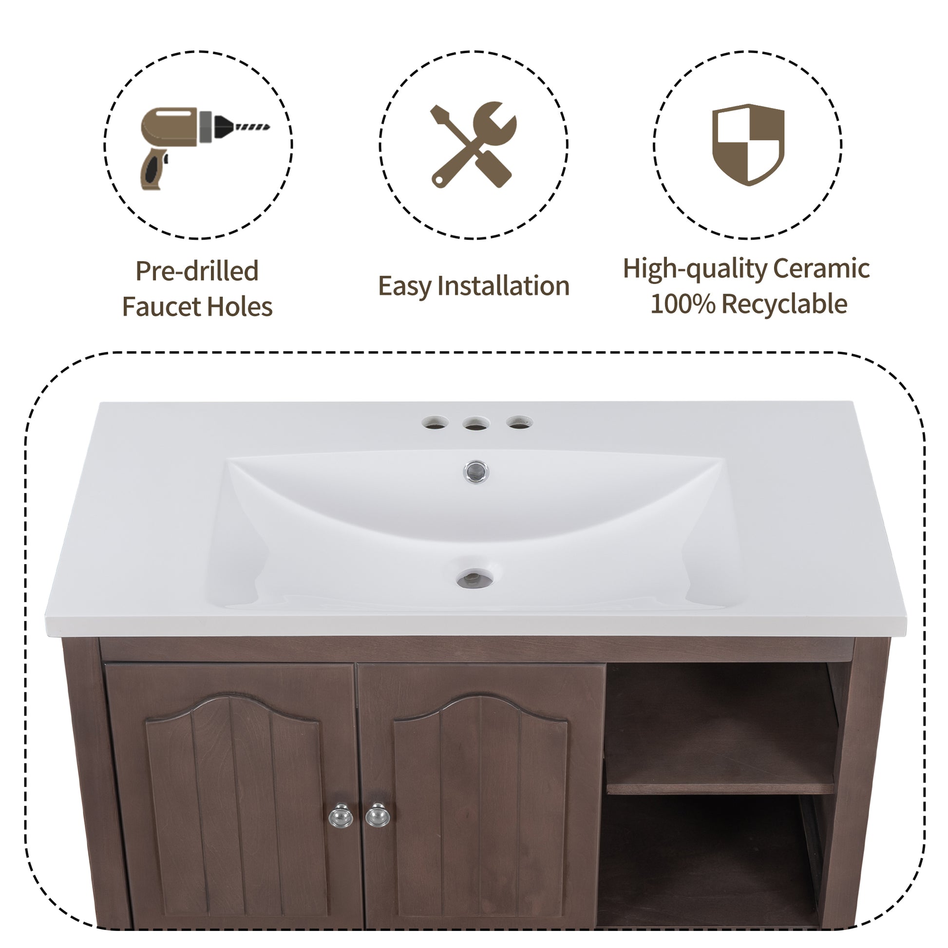 Video 36" Bathroom Vanity With Ceramic Basin, Bathroom Storage Cabinet With Two Doors And Drawers, Solid Frame, Metal Handles, Brown Old Sku: Jl000003Aad Brown Solid Wood