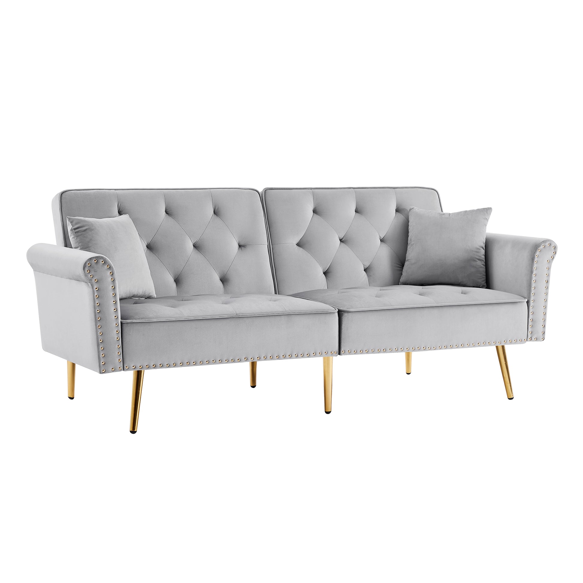 Grey Velvet Tufted Sofa Couch With 2 Pillows And Trim Light Grey Wood Foam Velvet 2 Seat