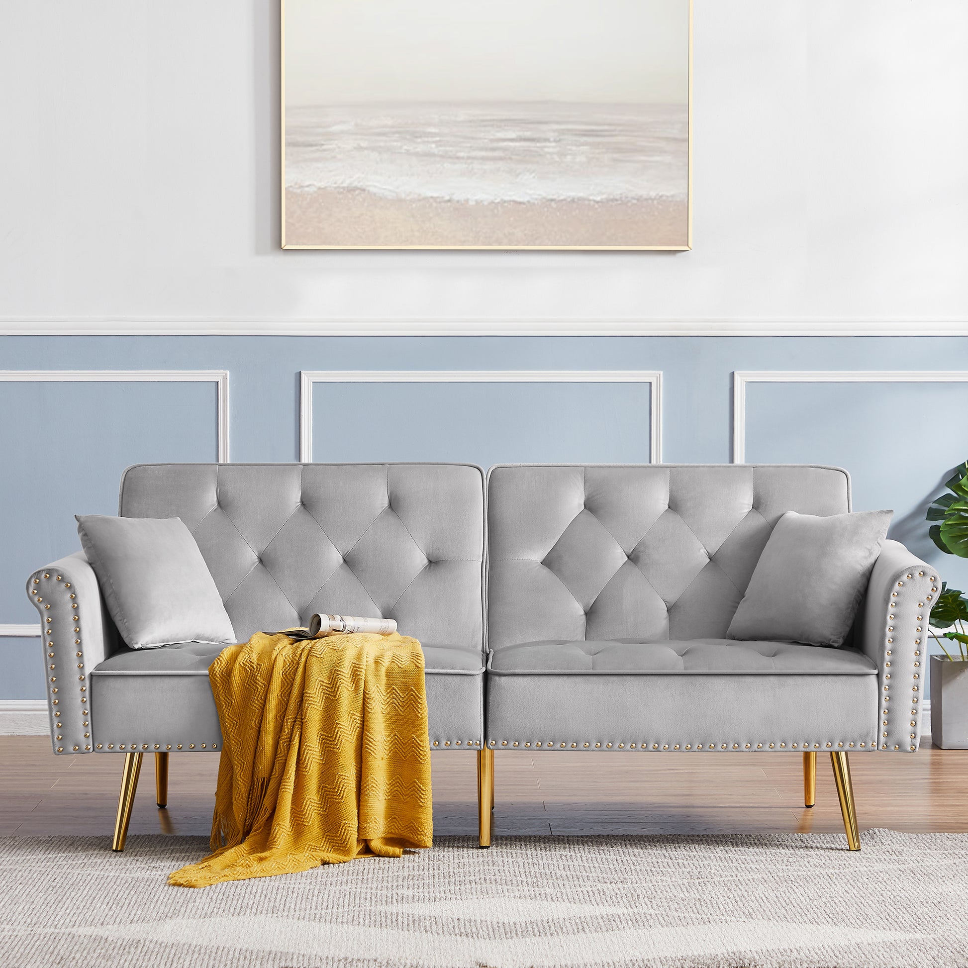 Grey Velvet Tufted Sofa Couch With 2 Pillows And Trim Light Grey Wood Foam Velvet 2 Seat
