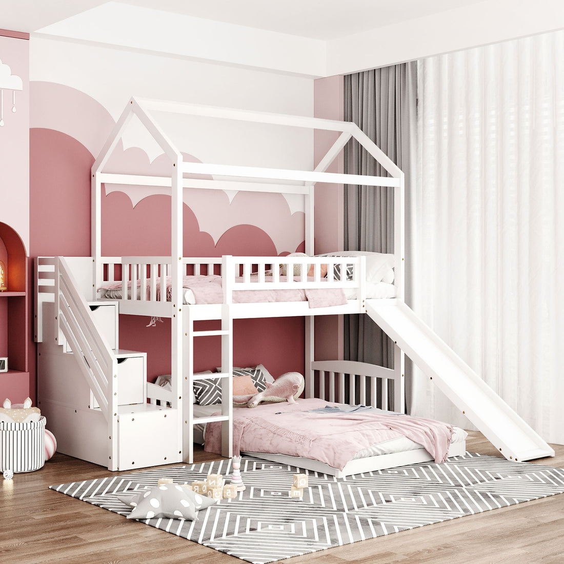 Twin Over Twin Bunk Bed With Two Drawers And Slide, House Bed With Slide, White Old Sku :Lp000129Aak White Pine