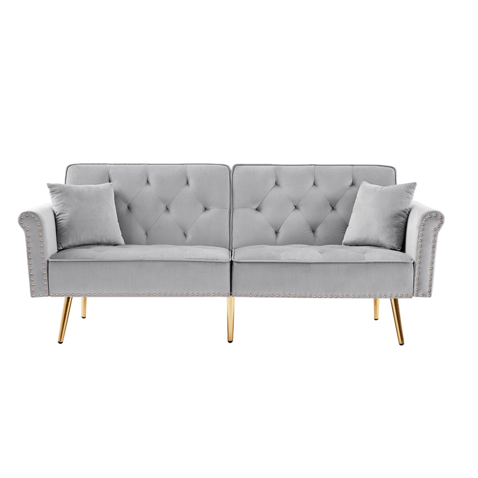 Grey Velvet Tufted Sofa Couch With 2 Pillows And Trim Light Grey Wood Foam Velvet 2 Seat