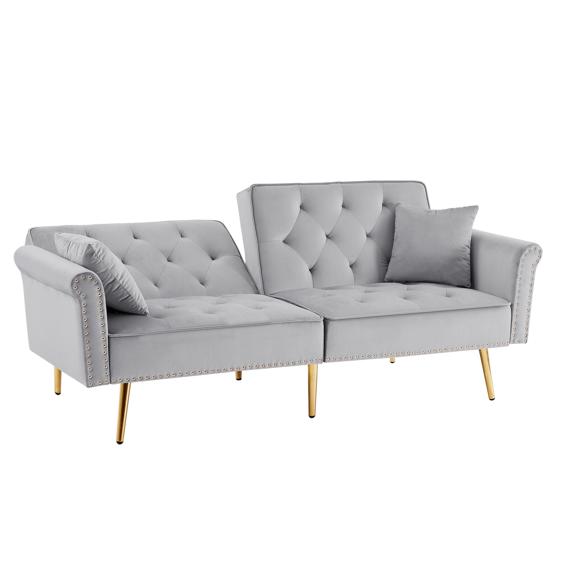 Grey Velvet Tufted Sofa Couch With 2 Pillows And Trim Light Grey Wood Foam Velvet 2 Seat