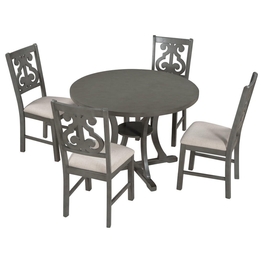 5 Piece Round Dining Table And Chair Set With Special Shaped Legs And An Exquisitely Designed Hollow Chair Back For Dining Room Gray Gray Mdf