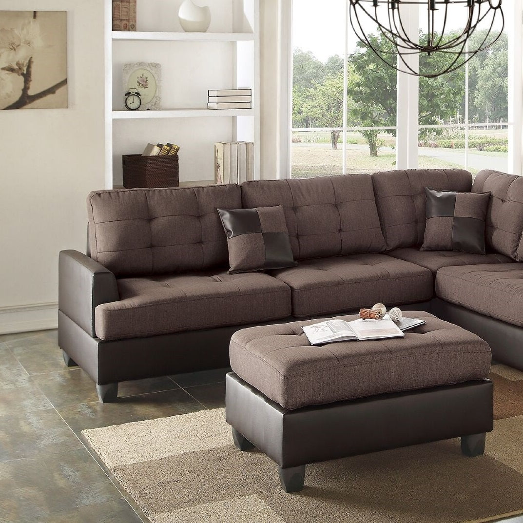 Sectional Sofa Chocolate Polyfiber Cushion Tufted Reversible 3Pc Sectional Sofa, Chaise Ottoman Living Room Furniture Chocolate Brown Faux Leather Wood Primary Living Space Cushion Back Contemporary,Modern L Shaped Pine Square Arms Fabric 5 Seat