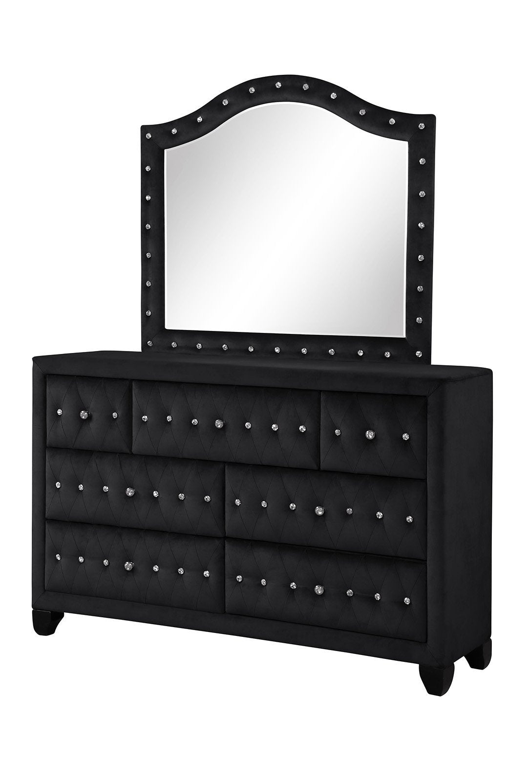 Sophia Modern Style Crystal Tufted Upholstery 7 Drawer Dresser Finished With Velvet Fabric Made With Wood In Black Black Bedroom Contemporary,Modern Upholstered Wood