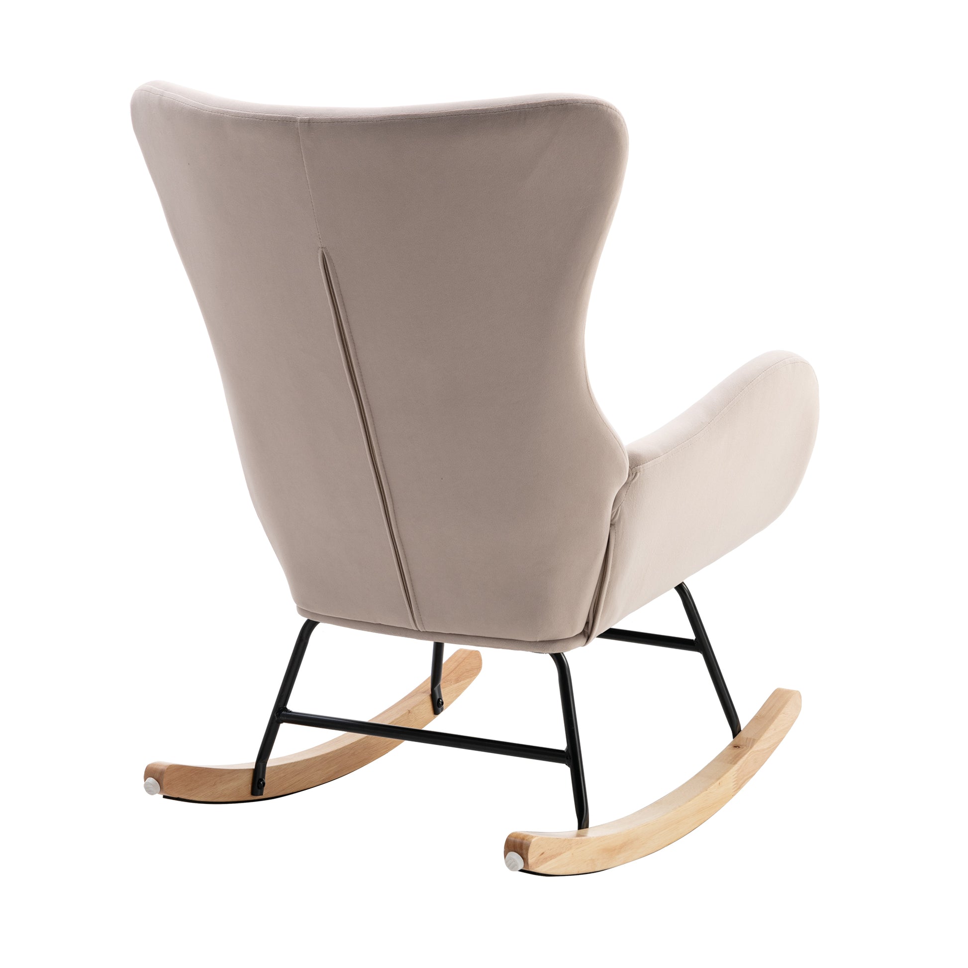 Velvet Fabric Padded Seat Rocking Chair With High Backrest And Armrests Beige Foam Upholstered